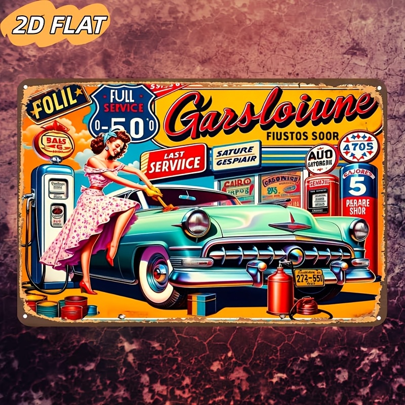 TEMU 2d Flat, 2d Flat Single Piece, "vintage Gas Station Scene: And Girl From 'gas Town' – , /gallon", Wooden Sign, Size 7.87x5 Inches (20x12.7cm),