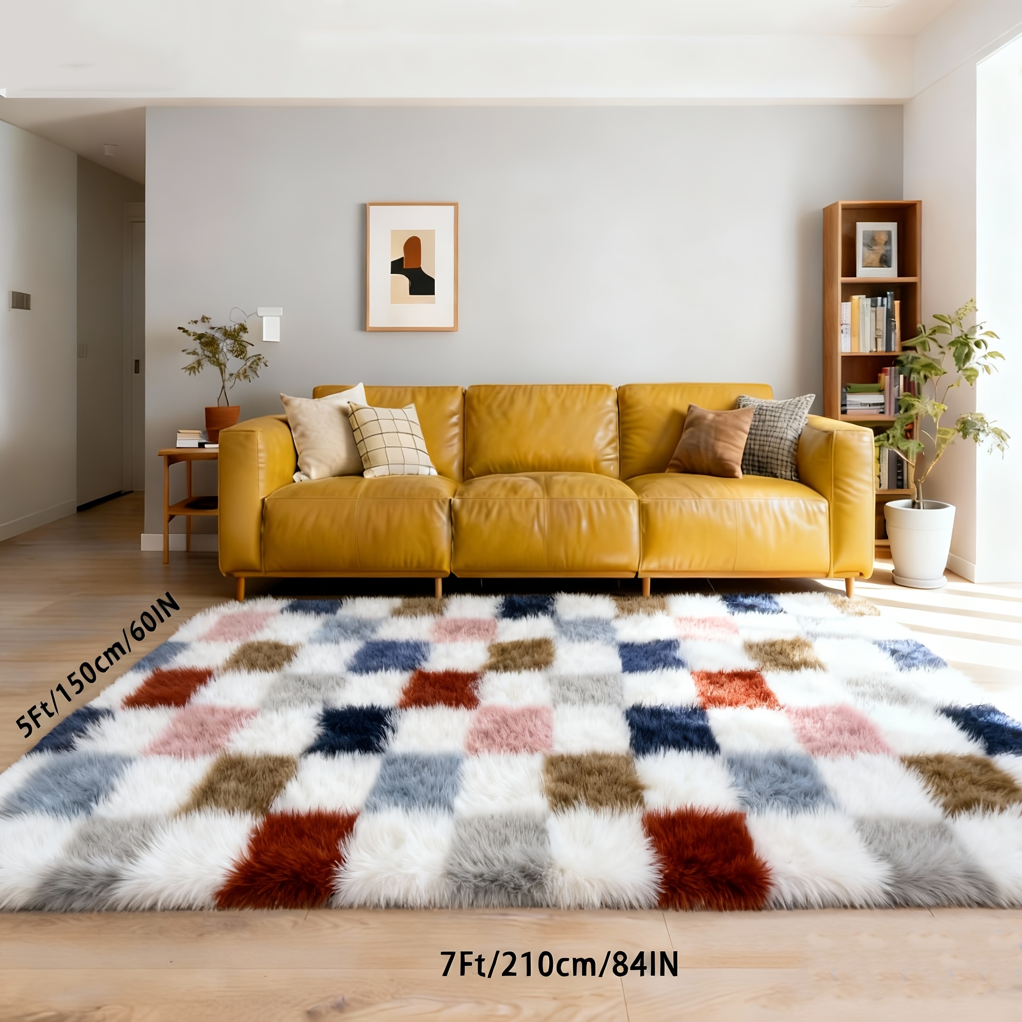 TEMU Living Room Mat - 5x7 Patterned Soft Mat, A Plush And Soft Mat For The Living Area, A Large Colored Checkered Fluffy Mat For The Bedroom, A