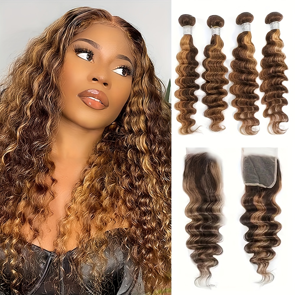 

Luxurious With 4x4 Lace Closure - P4/27 Color, Brazilian Human Hair, Pre- Natural Hairline, 4 Bundles Included