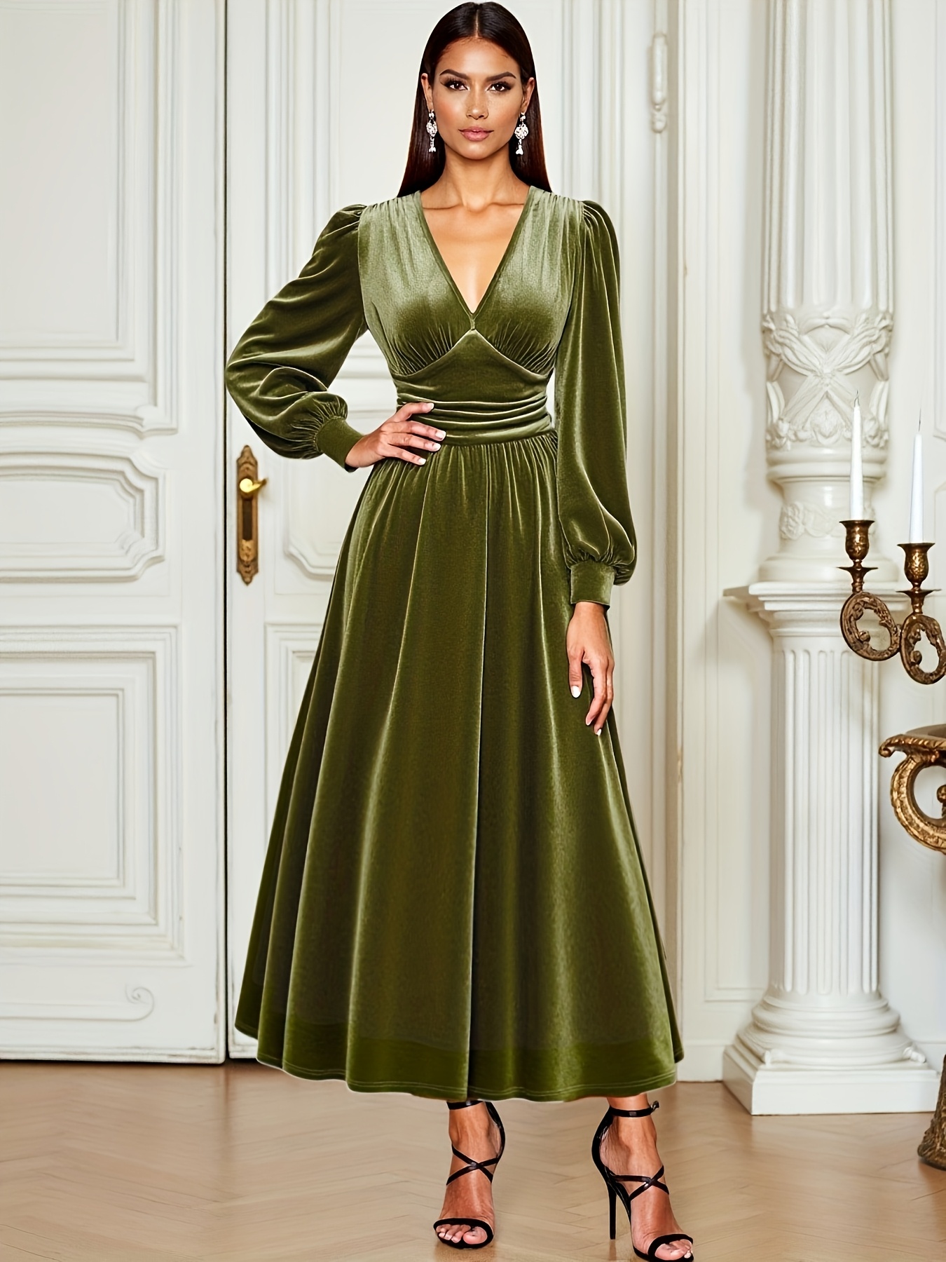 v neck green dress sleeves womens green dress - Temu Qatar