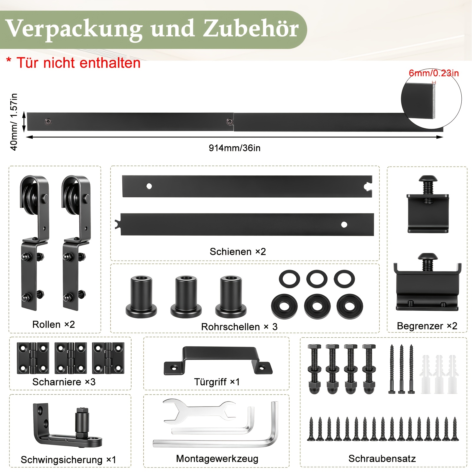 Image of 36in Heavy Duty Barn Door Hardware Kit With 360° Rotation Sliding Track And Quiet Nylon Wheels - 200kg Weight Capacity, , No Tools Needed