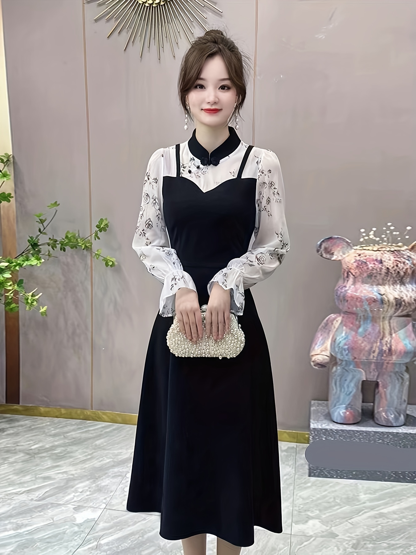 knee length dresses for ladies Elegant Faux Two-Piece Color Block A-Line Dress – liwisi
