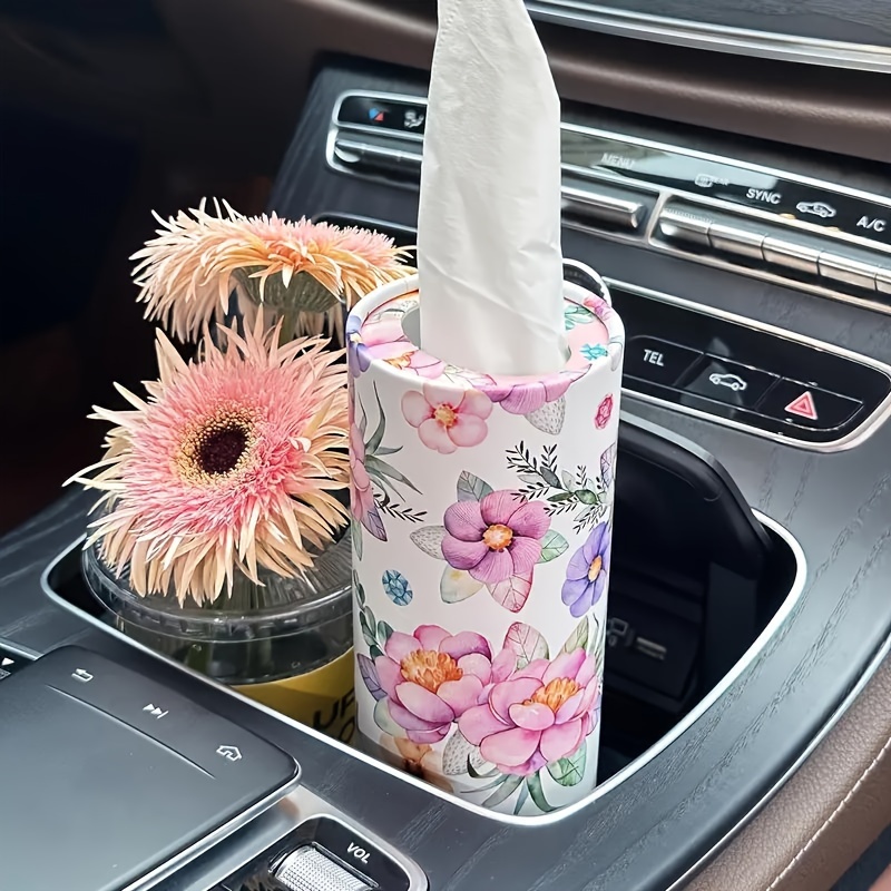 1pc White Floral Car Tissue Holder - Convenient Travel Accessory For Car Cup Holder, Round Case For Home Dining Table With Facial Tissues Inside - Compact, Portable, And Space- Design