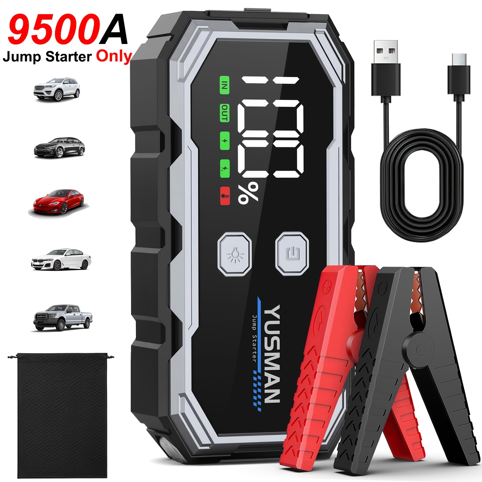 9500a Car Jump Starter, 12v Battery Booster Jump Gas & 10.0l Engine, Large Lcd Display, Led Emergency Light, Portable Auto Jump Box