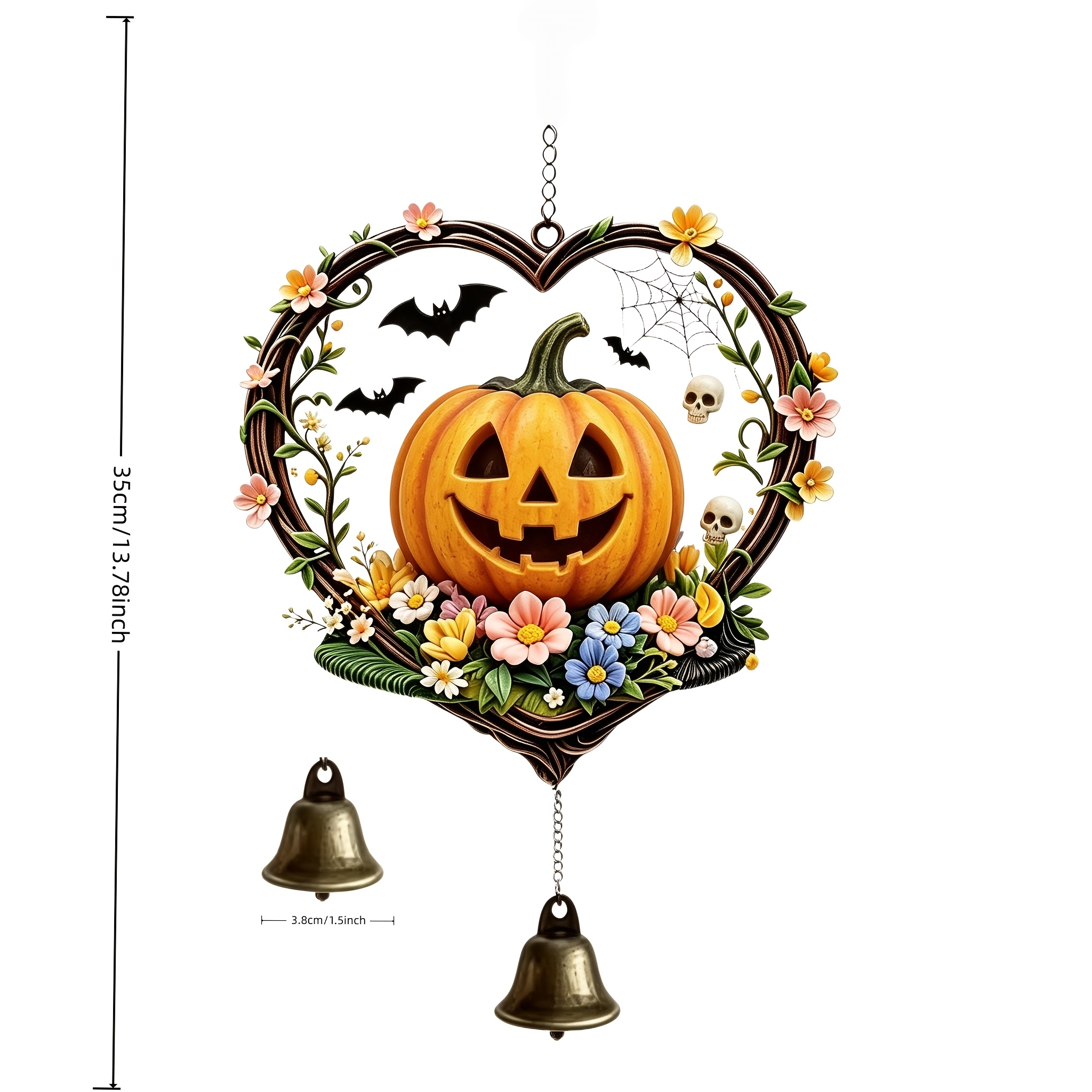 TEMU Carved Heart-shaped Floral Frame Halloween Pumpkin Wind Chime Ornament, Suitable For Hanging On Indoor Windowsills, , And Outdoor Courtyards.