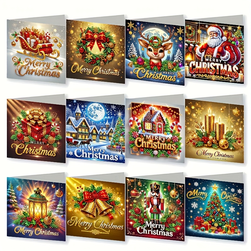 Image of 12pcs Diamond Painting Art Handmade Diamond Mosaic New Year Christmas Series Exquisite Greeting Card Diamond Craft, Can Write Expressing Wishes
