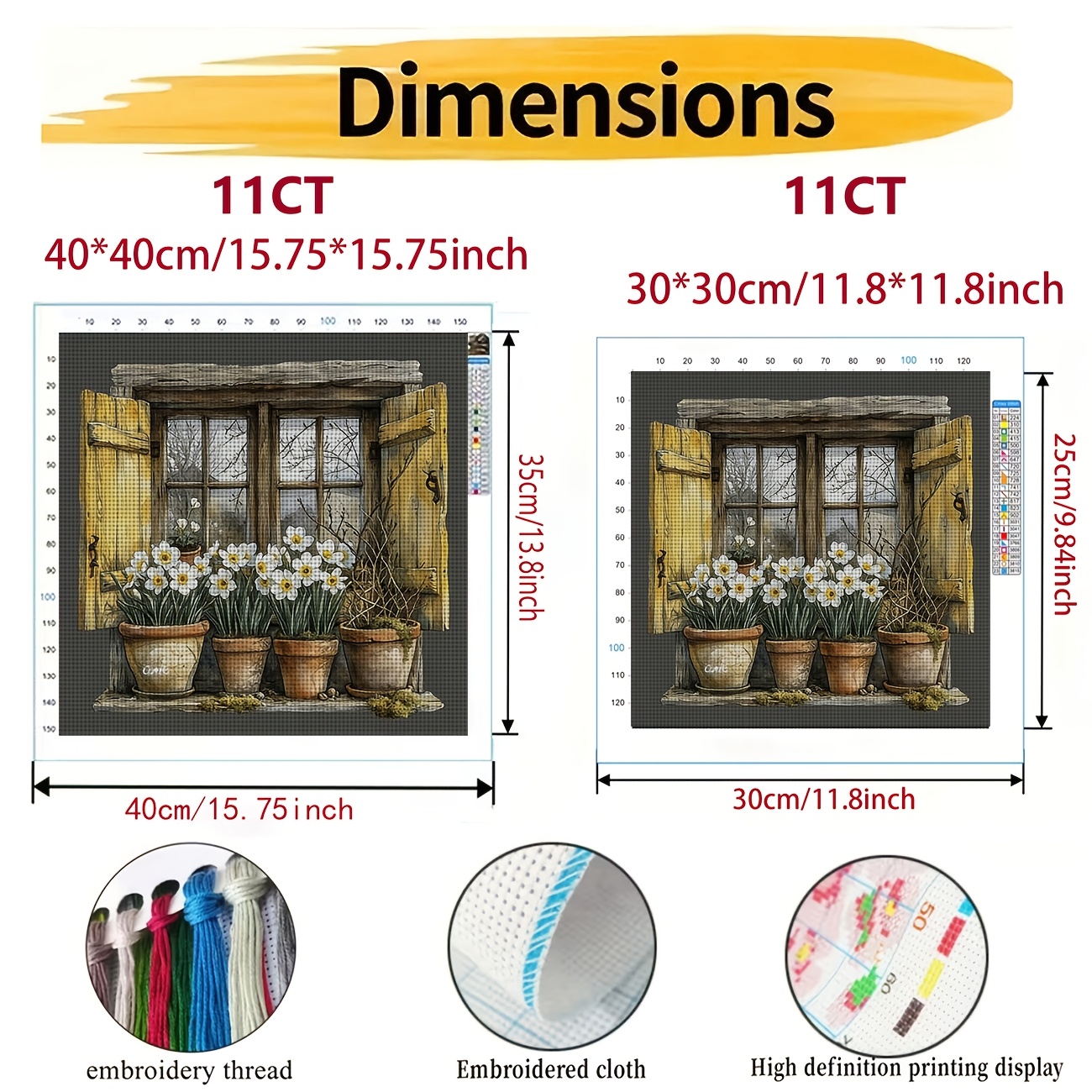 Cross Stitch Printed Kit, Frameless, Open Window, Ceramic Pot and Daffodil Pattern