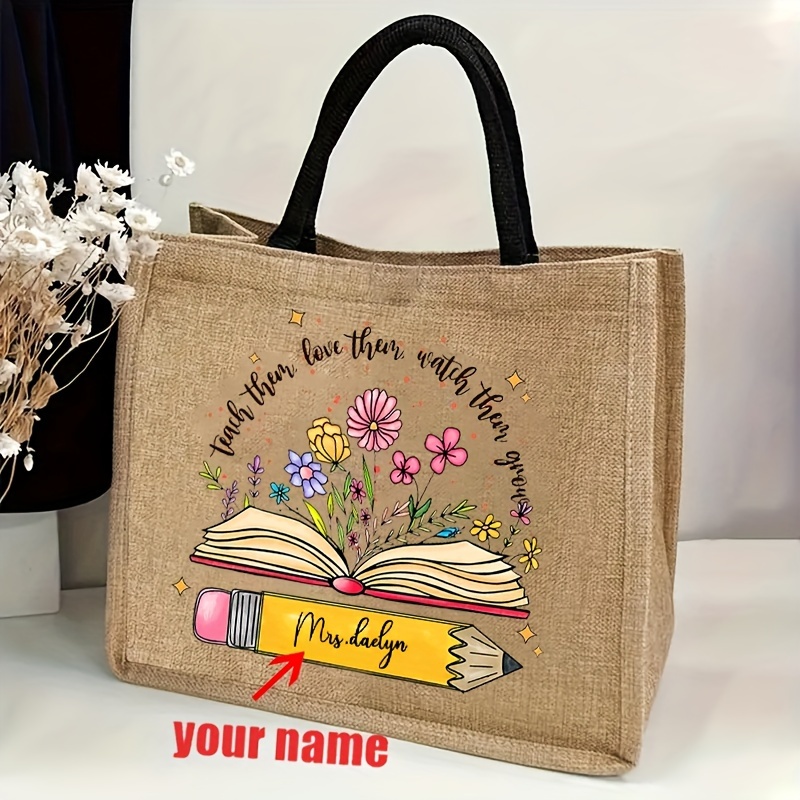 

Personalized Teacher Tote Bag With Name - Fashion Polyester Travel With Floral Print, Handwashable Custom Canvas Beach Bag, , Ideal Teacher Appreciation Gift - Yiwu , Paint, 1pc