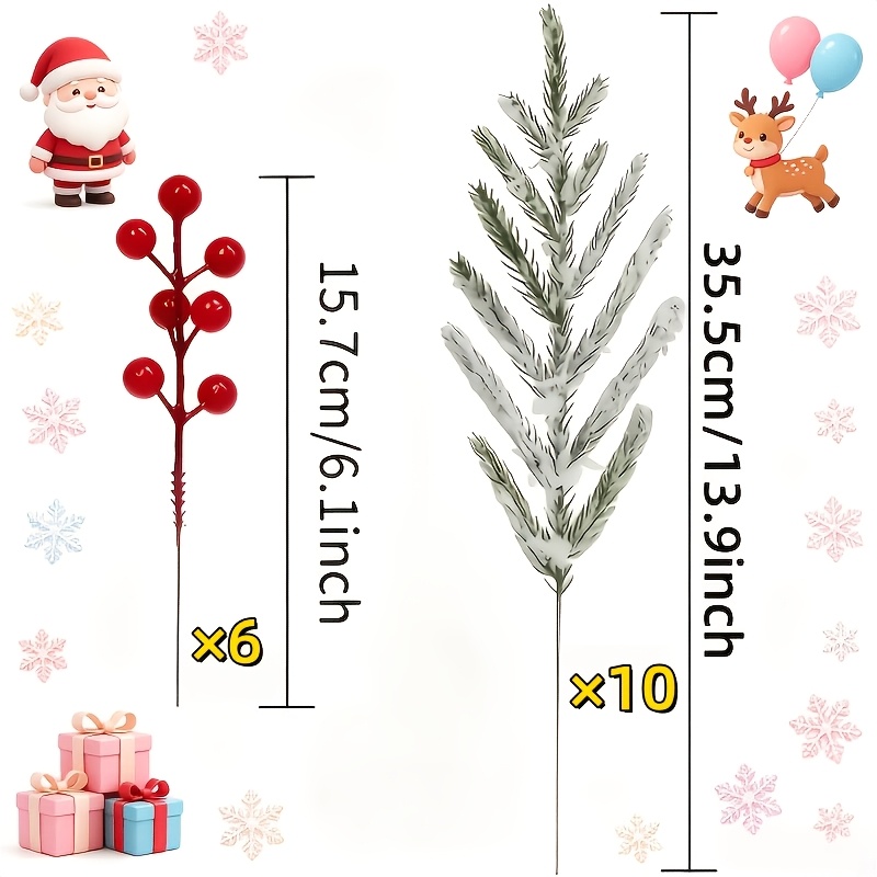 TEMU 16pcs - Outdoor Artificial Plants Norfolk Pine Branches With Red Berries - Realistic Faux Pine Wreath, Green Needles And Snow-covered, Suitable