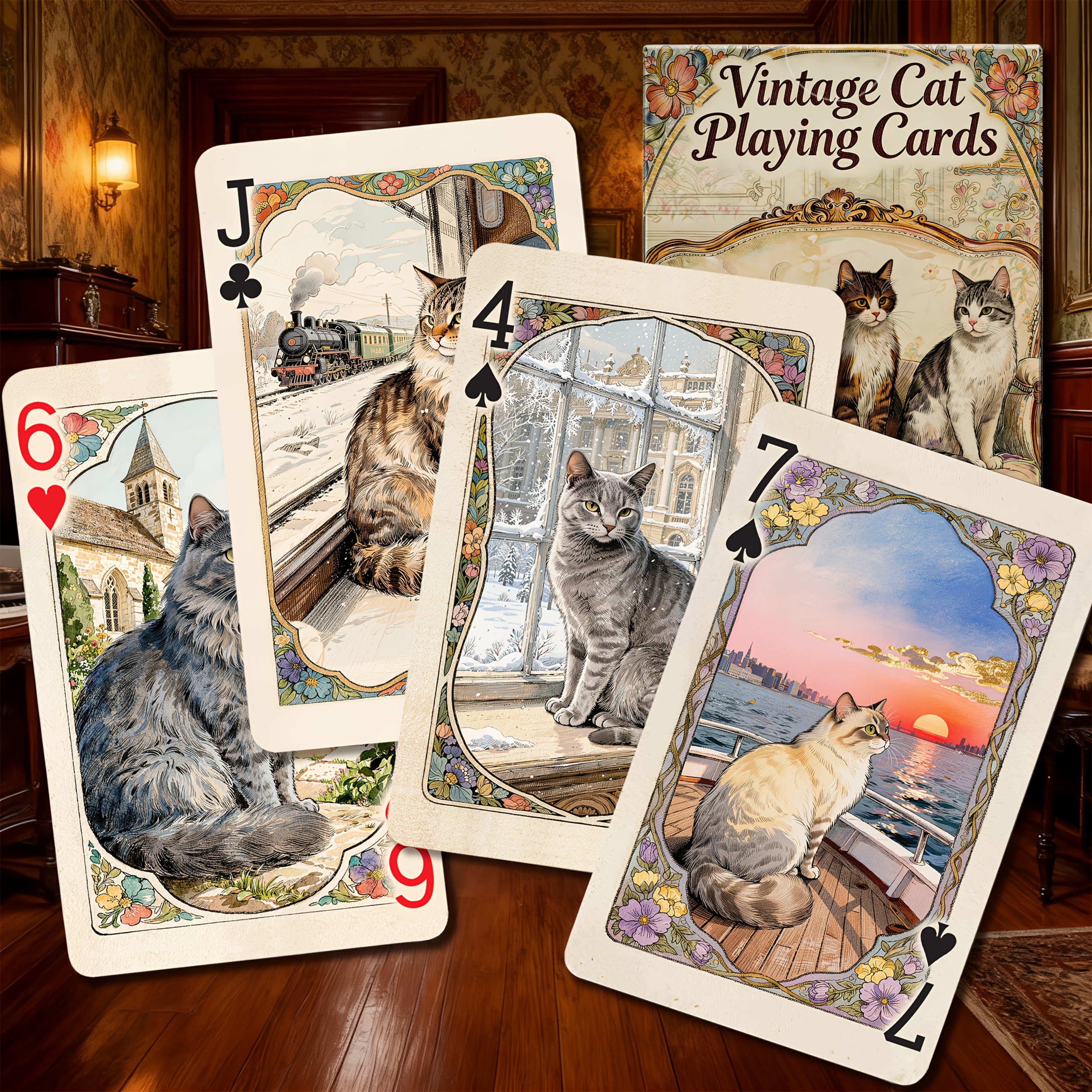 Vintage Cat-themed Playing Cards – 54 Unique Victorian Illustrations, , Ultra Artwork & Non-slip Texture, Standard Size Deck (+1 Bonus Card)