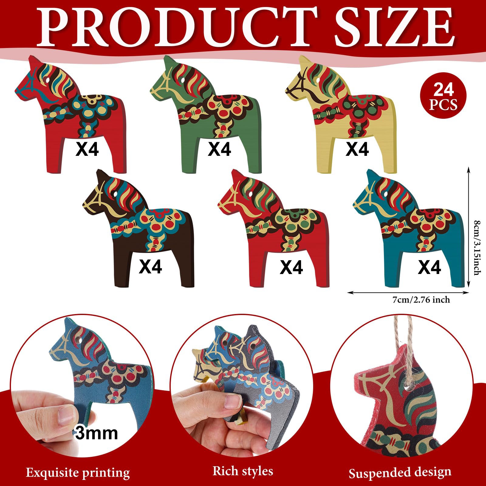 TEMU 24pcs Christmas Colorful Wooden Horse Hanging Ornaments, Horse Pendant Hanging Decor, Handmade Horse Artwork, Rustic Farmhouse Decor, Christmas