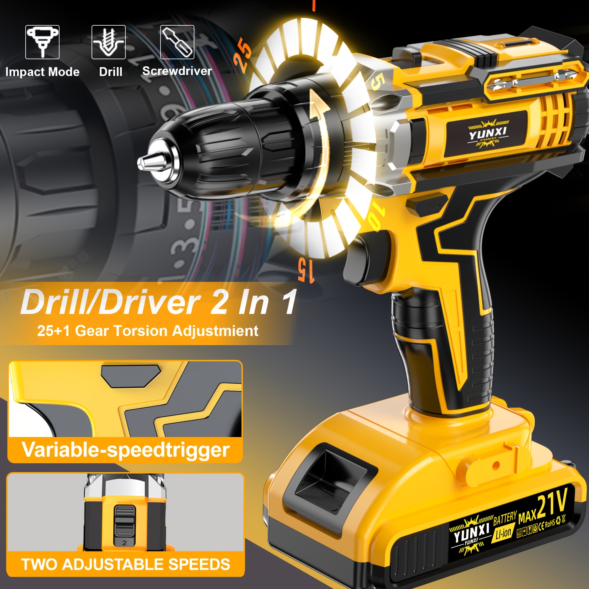 21V Cordless Impact Drill Set, Wireless Drill Set, Household Power Tool Set, with Battery And Quick Charger, Battery Powered, Multifunctional Tool, Tool Set, Men's Tool - Perfect for DIY And Family Projects, A Gift for Boyfriends And Fathers.
