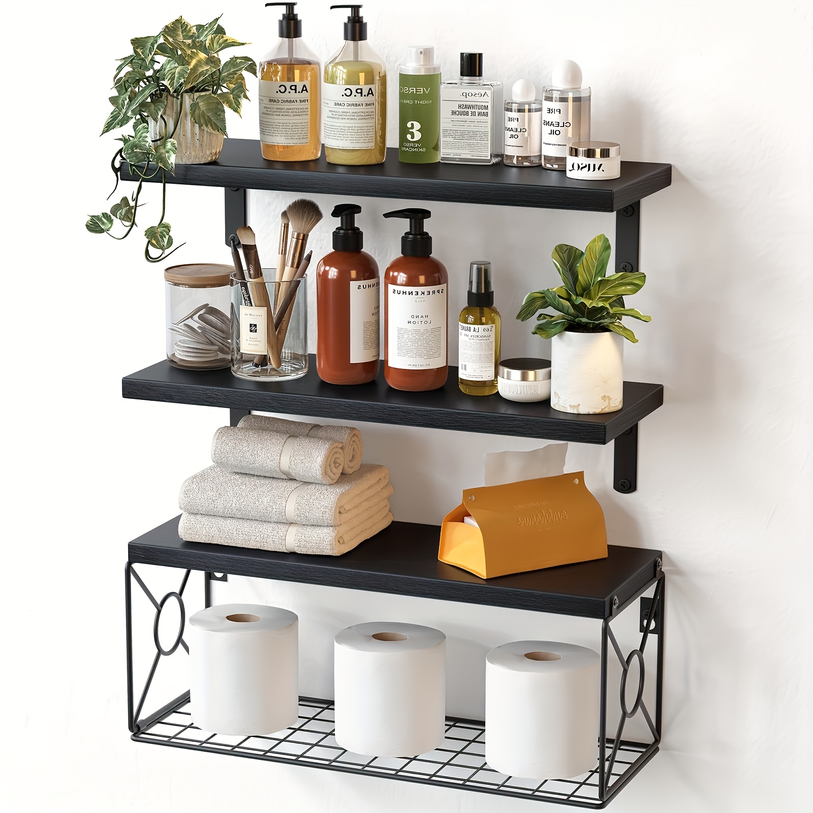 TEMU Bathroom Shelves Over Toilet With Storage Basket, Wall Floating Shelves, Floating Shelves Wall Shelves, Wall Mounted Wooden Shelves For & Wall Decor, Bathroom/kitchen/living Room Shelves