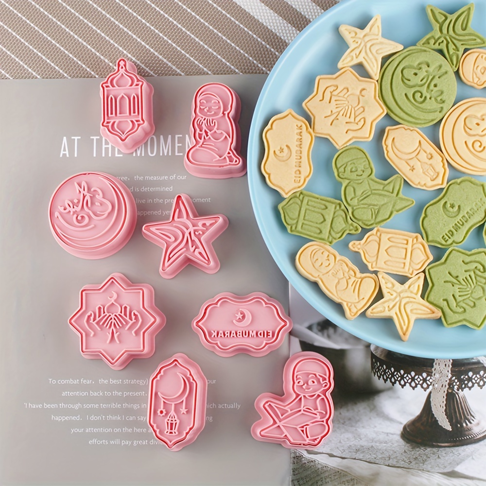 8pcs mubarak cookie stamp set 3d cartoon designs islamic muslim biscuit impressers with plunger cutters for eid thanksgiving baking details 13