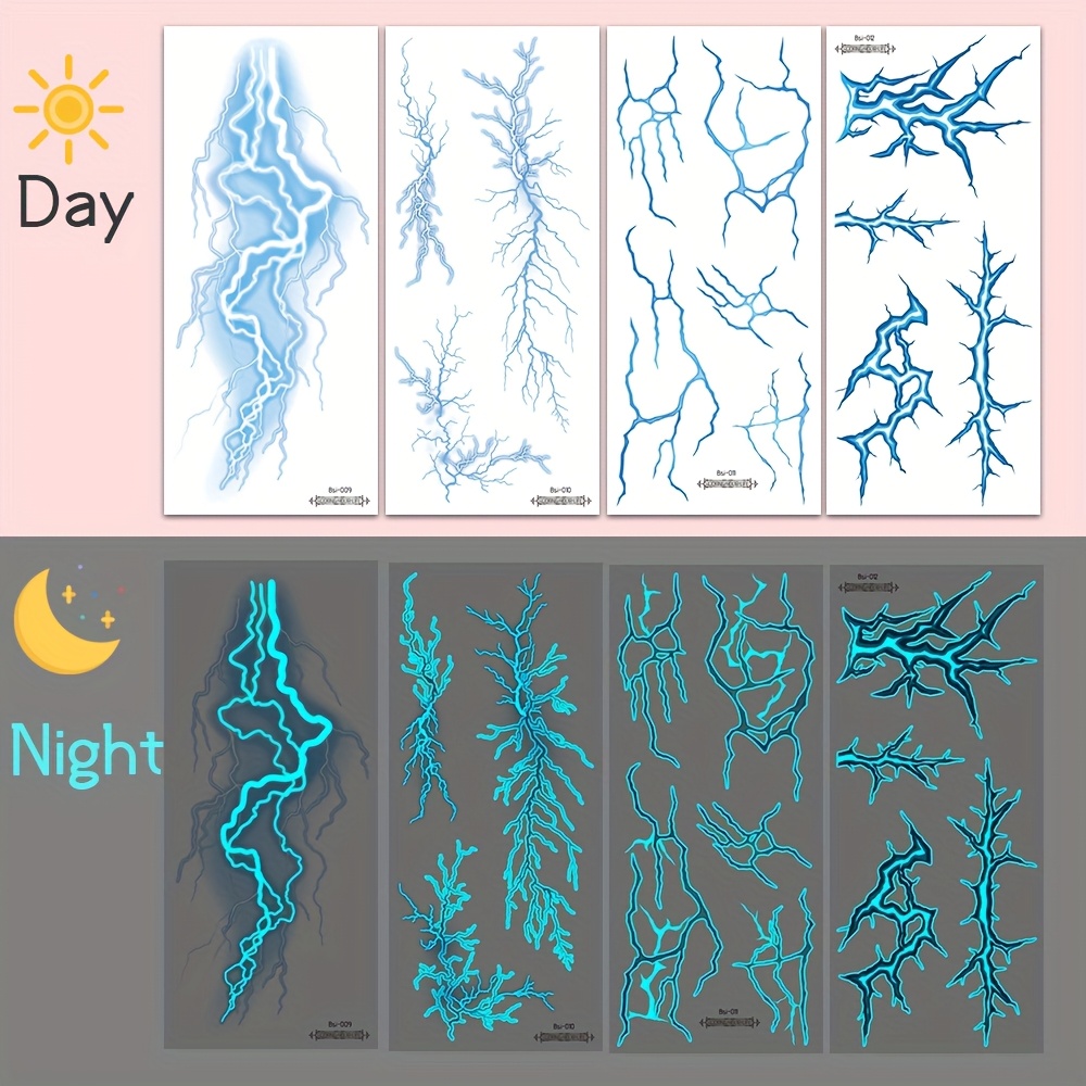 TEMU 4 Sheets Luminous Temporary Tattoo Dark Gothic Girl Group Style - Blue Lightning & Vein Back Full Arm Waterproof Body Art Stickers For Cosplay & Part