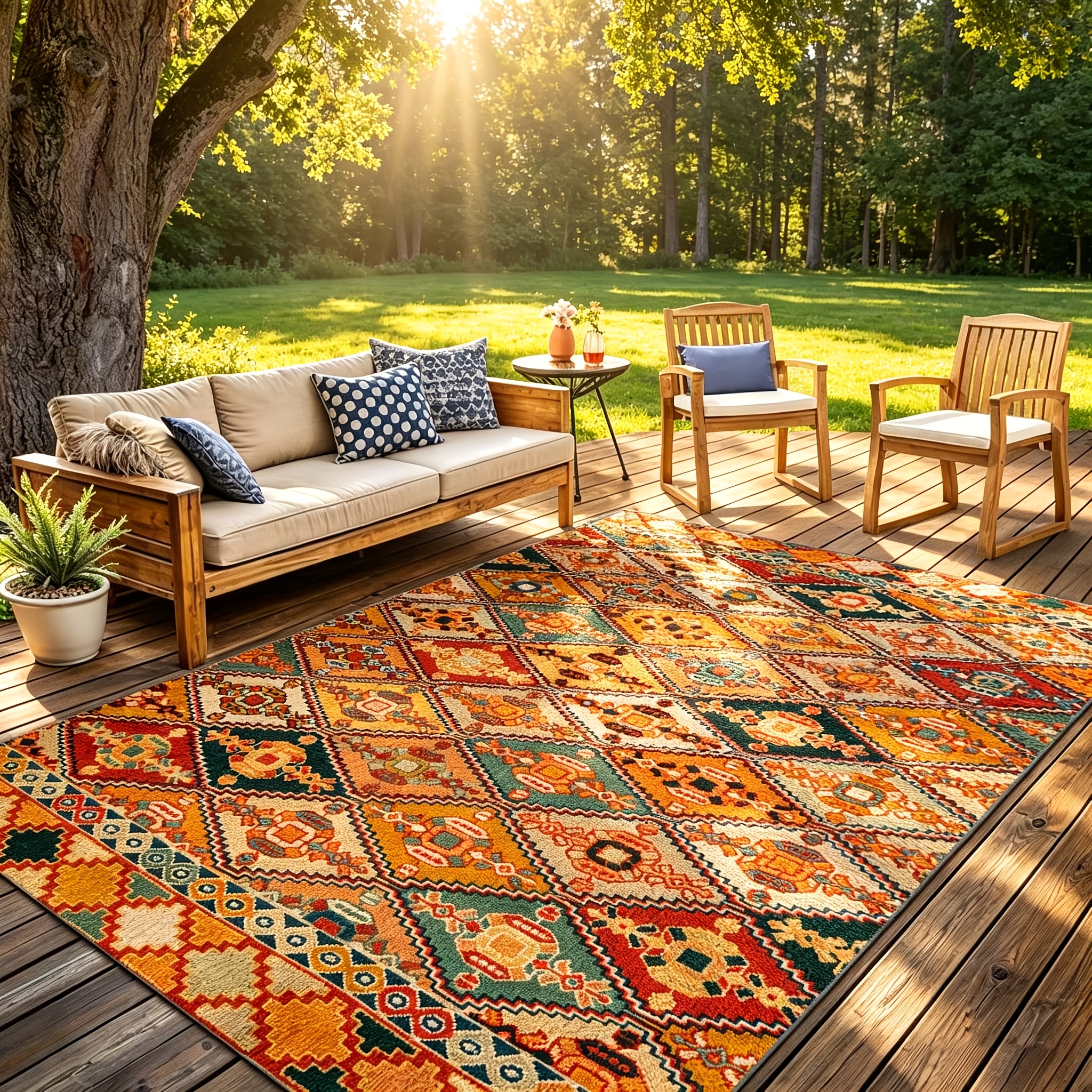 retro bohemian style outdoor rug multicolor geometric     easy to care velvet material soft and comfortable suitable for balcony terrace courtyard