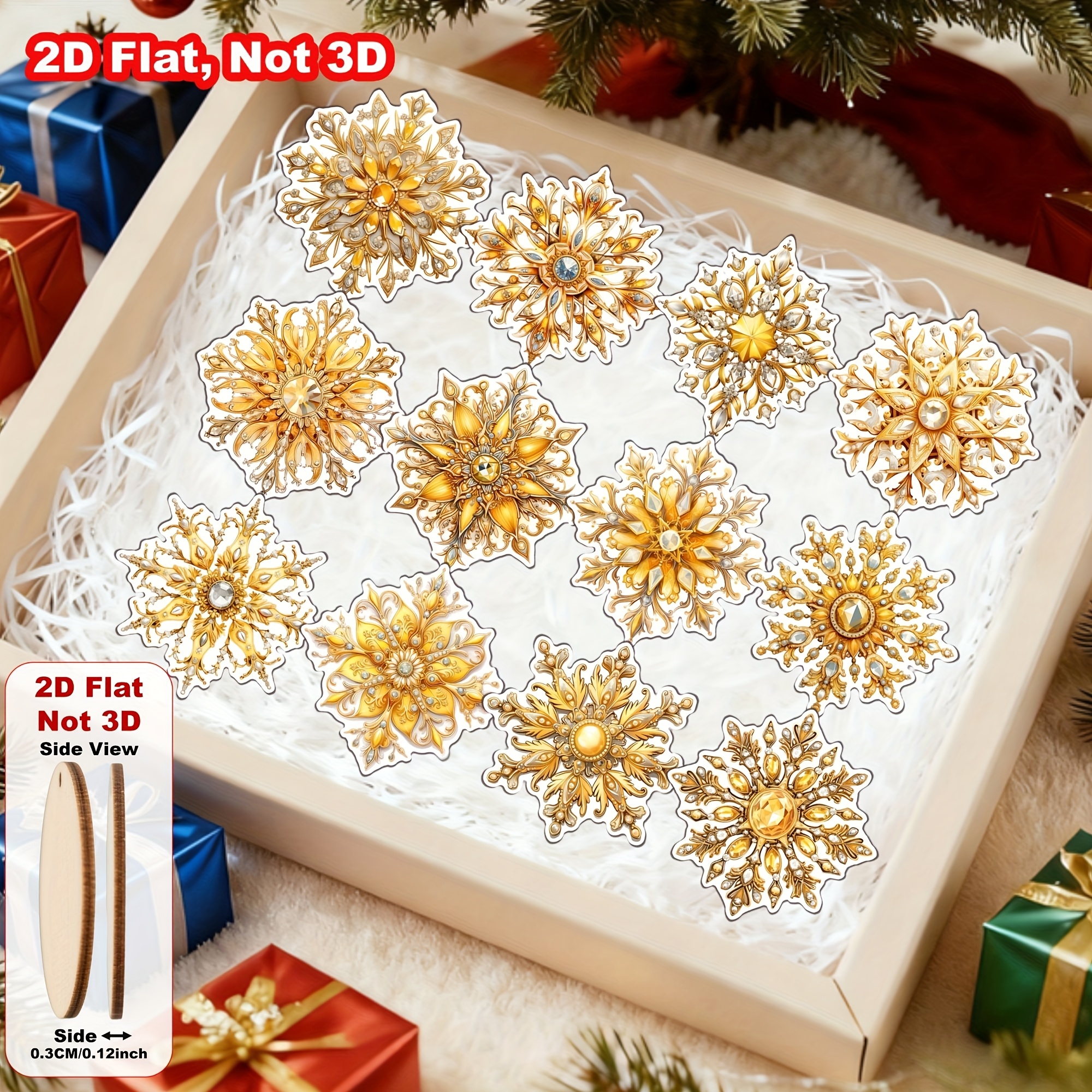 TEMU 2D - 12 Adornos de Madera de Copo de Nieve con Diamantes - Decoraciones Dorado para Árbol de Navidad, Decoraciones Festivas para el Hogar y