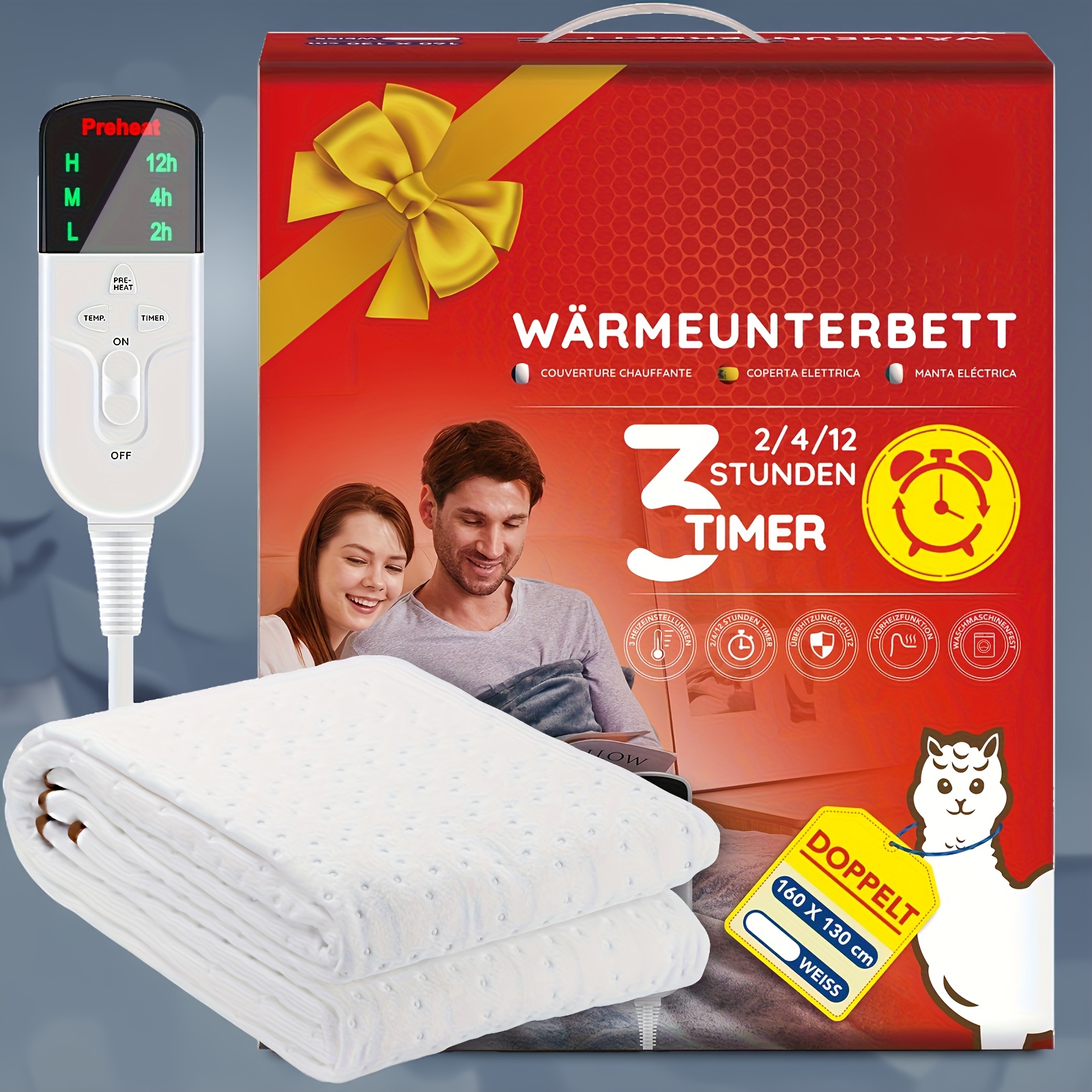 TEMU Colcha Calefactora con Apagado Automático y Precalentamiento, Calefactora 3 Niveles de , Temporizador de 12 Horas con Protección contra