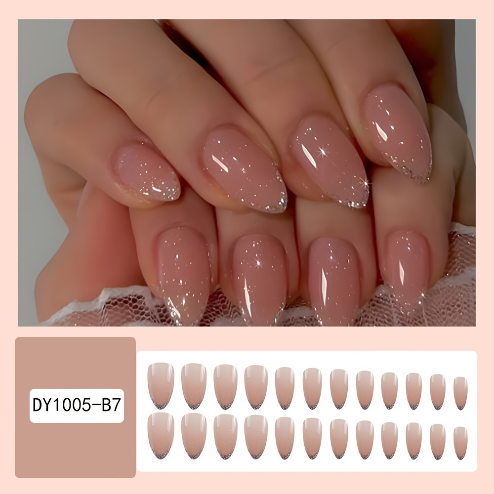 JUSTUNX Falsche Nägel Mandelform – 24 Stück Nackt Rosa, Mit Französischem Design & Kleber