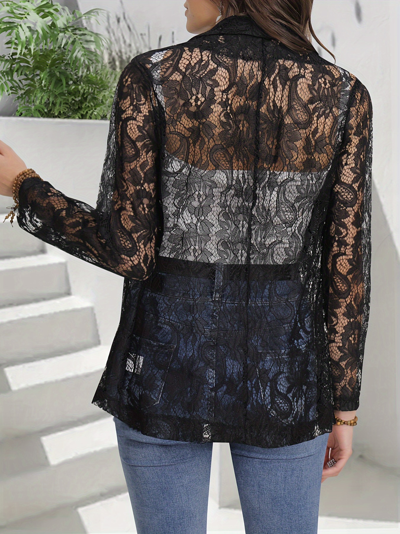 Floral Lace Lapel Blazer, Elegant Long Sleeve Open Front Outwear For Spring & Fall, Women's Clothing