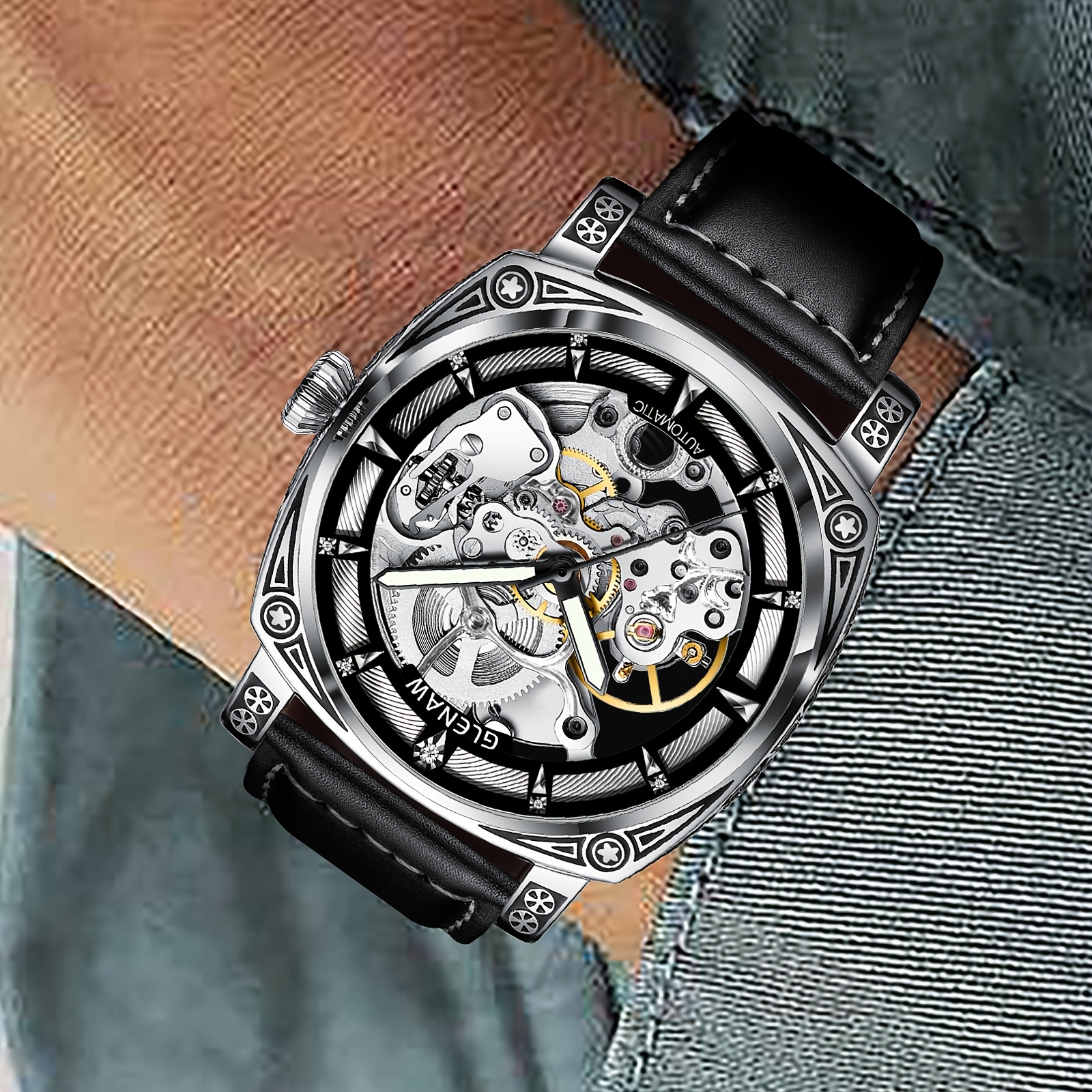mens automatic mechanical watch elegant   dial waterproof up to 30  steel black   leather strap skeleton back with intricate movement date display ideal gift for him details 6