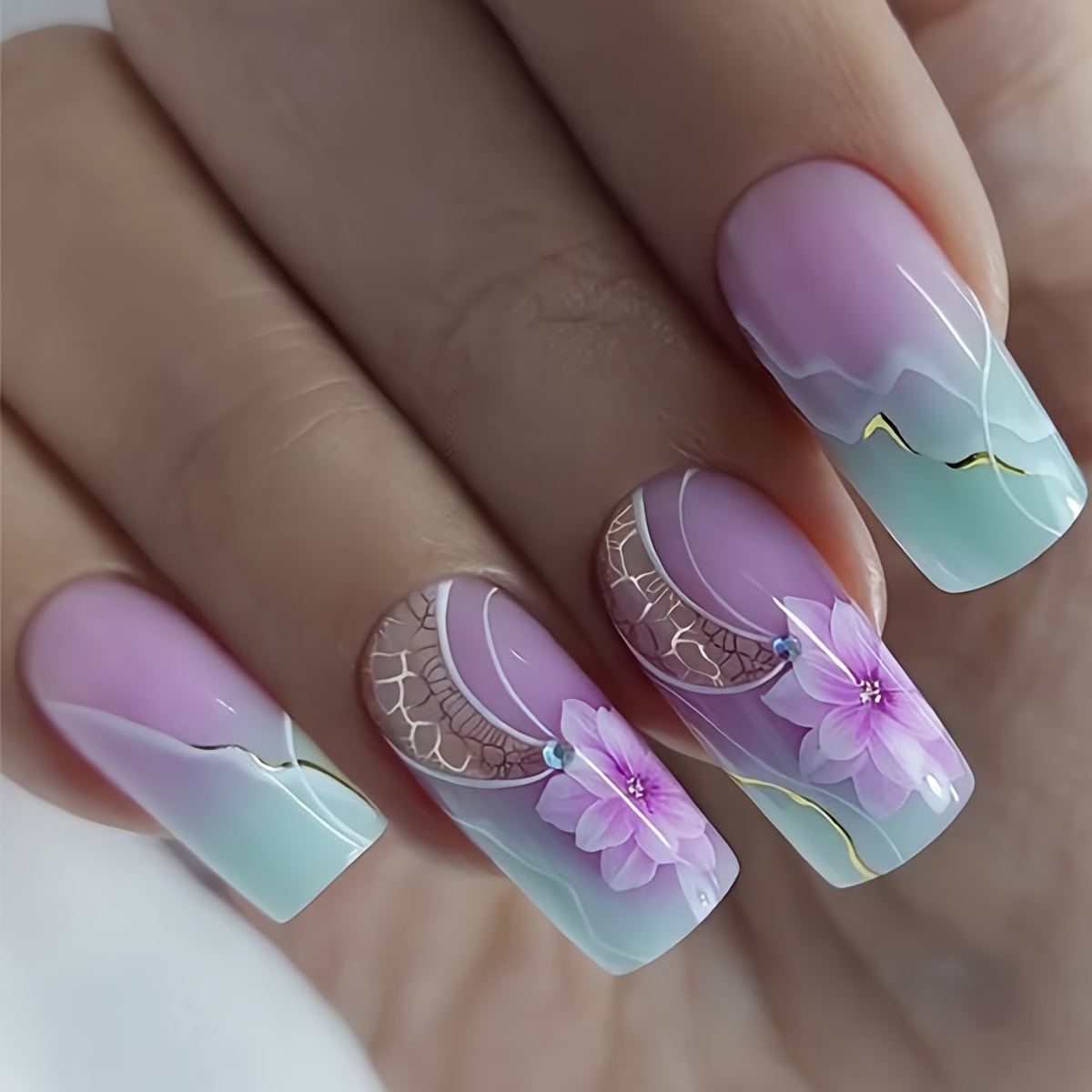 

24pcs Set Of Long Square Purple Gradient Press-on Nails With Floral - Glossy , Includes Jelly Adhesive & Nail File