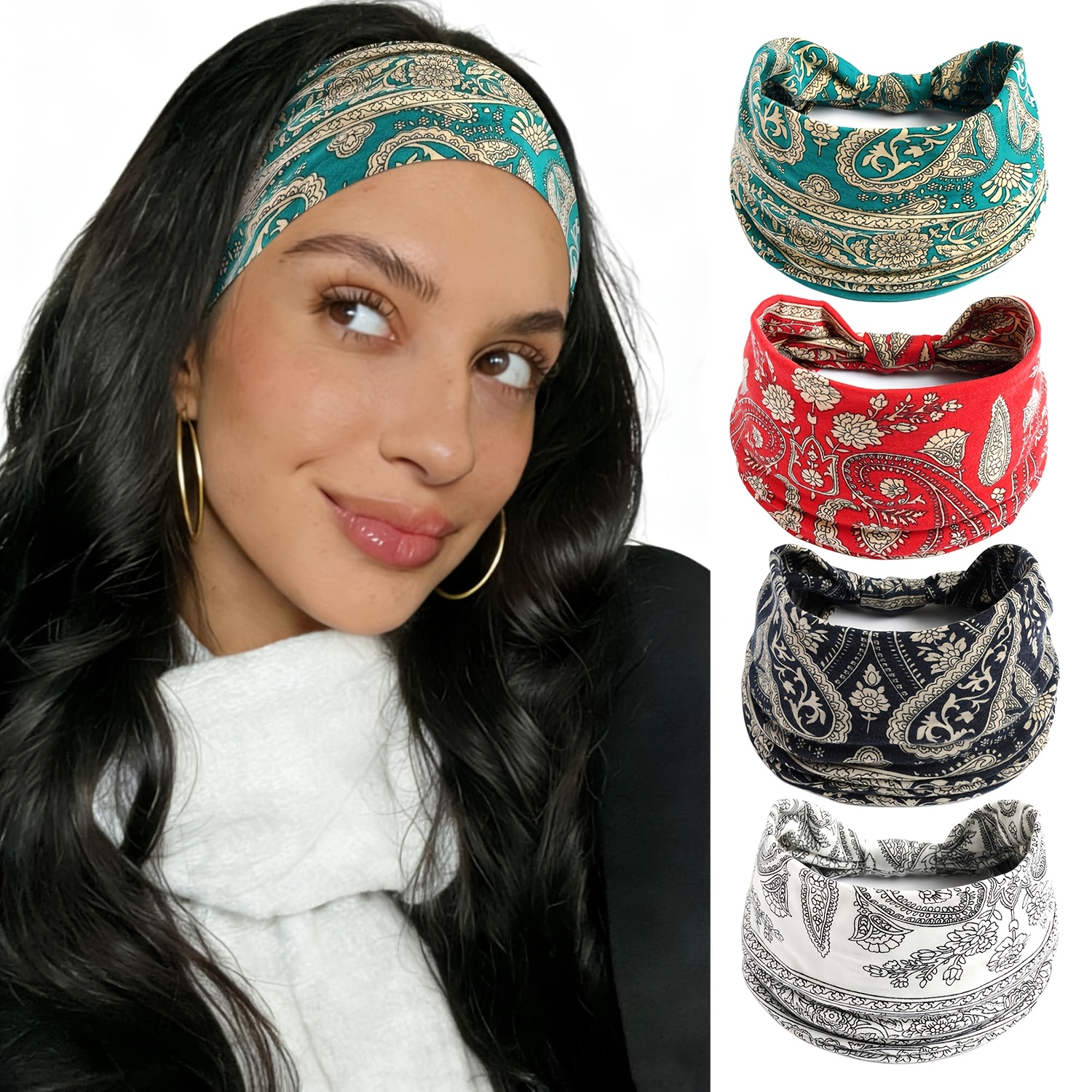 Classic Pattern 3pcs Headbands for Women Stretchy Soft Elastic 3PCS Set Boho-Chic Crystal & Pearl Embellished Wide  main image 4
