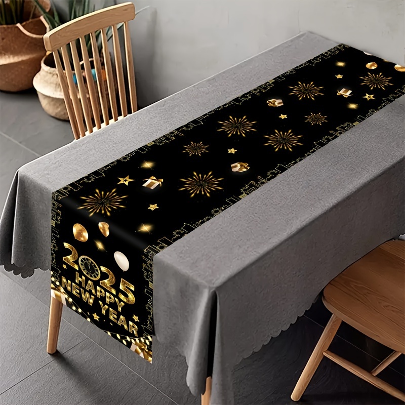 

2025 New Year Celebration Polyester Table Runner - Black And Graphic, Machine Made Home & Kitchen Decor For Holiday Dining, Polyester Table Flag - Suitable For New Year's Eve Party