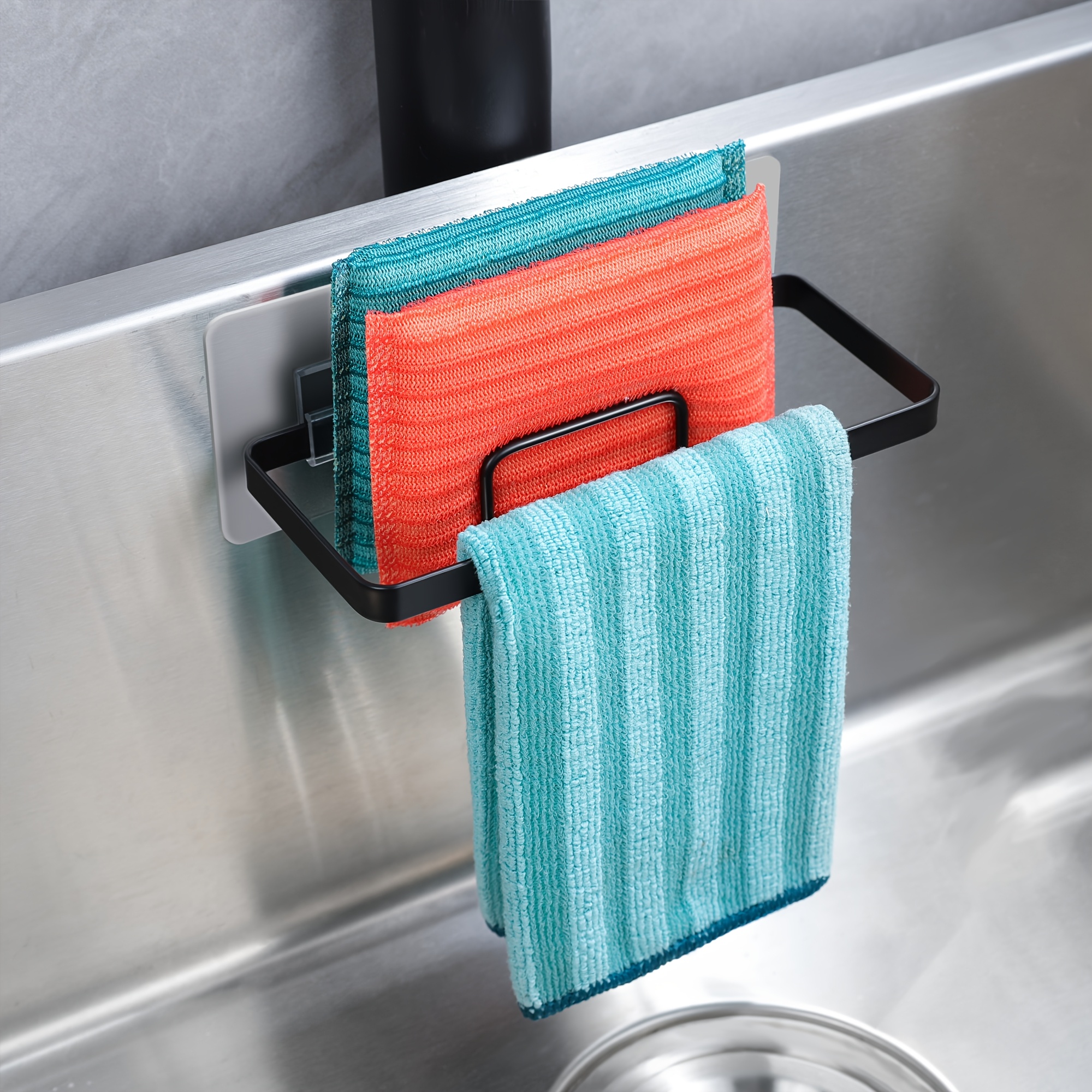 1 Sponge Rack Suitable For Kitchen Sink - , Space Storage Rack, Adhesive Hanging, Suitable For Kitchen Brushes, Brushes, Dishcloths, Sponges, Gloves And Essentials, Rust Proof Coating, Black