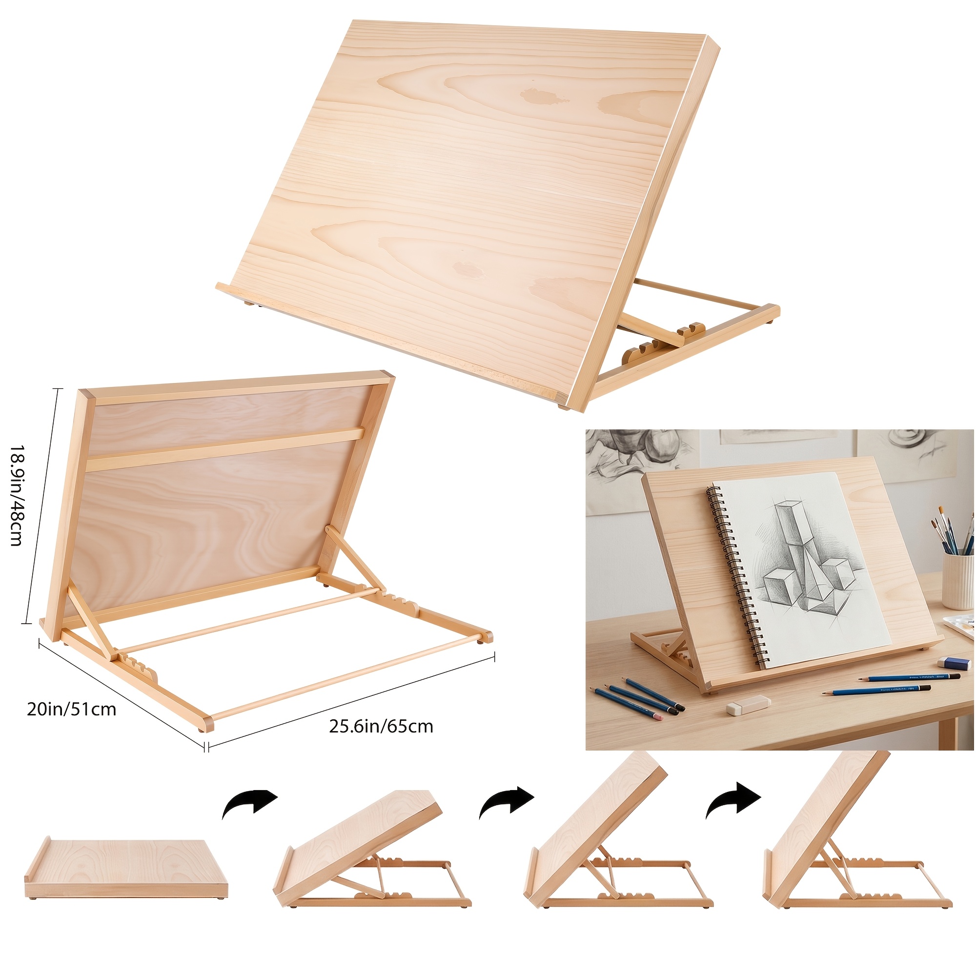 Image of Large Drawing Board Easel, Wooden Tabletop-frame Adjustable Easel, Drawing And Sketching Board For Artists, Teens And Painters Holds Canvases Up To 23