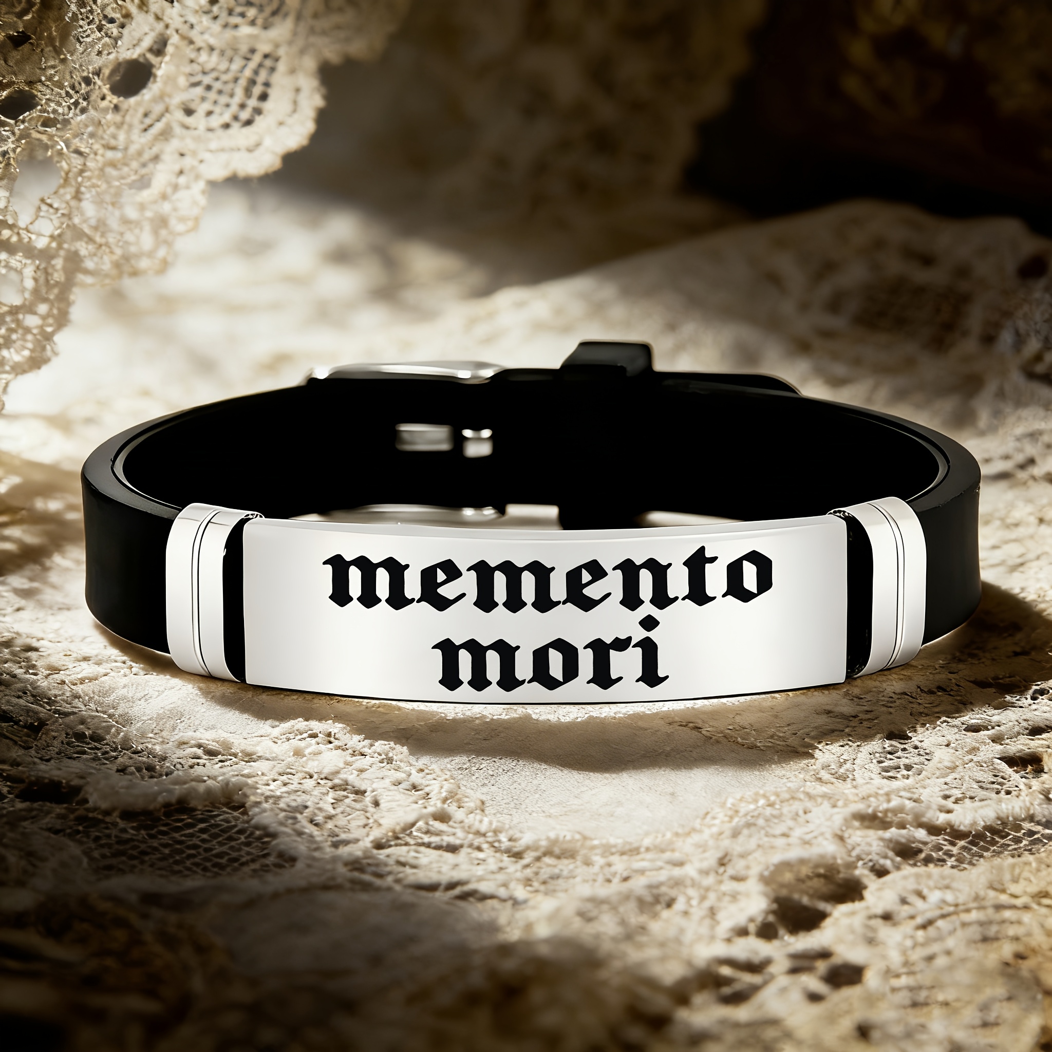 TEMU " Gothic-style " Remember Death" Font Jewelry, 202 Stainless Steel Silicone Bracelet. The Vintage Fully Embodies A Atmosphere, Making It An