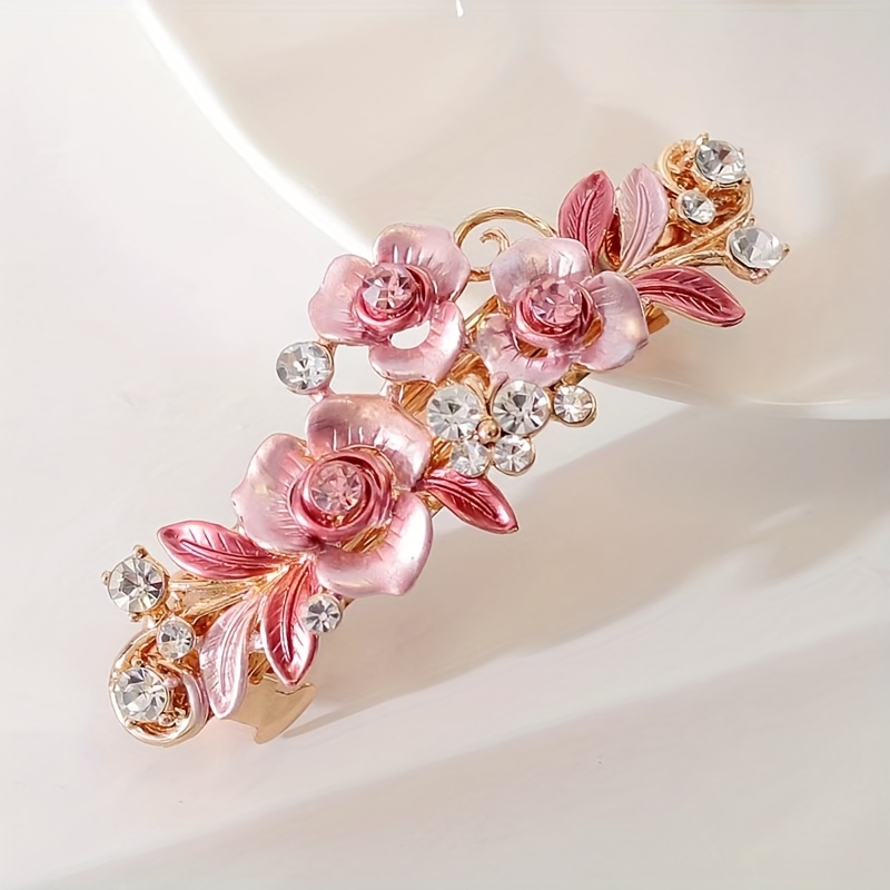 TEMU Pince à Cheveux Strass Fleur Décor Cristal Épingle à Cheveux Vintage Queue de Cheval Pince Barrettes Motif Floral Coiffure à Ressort