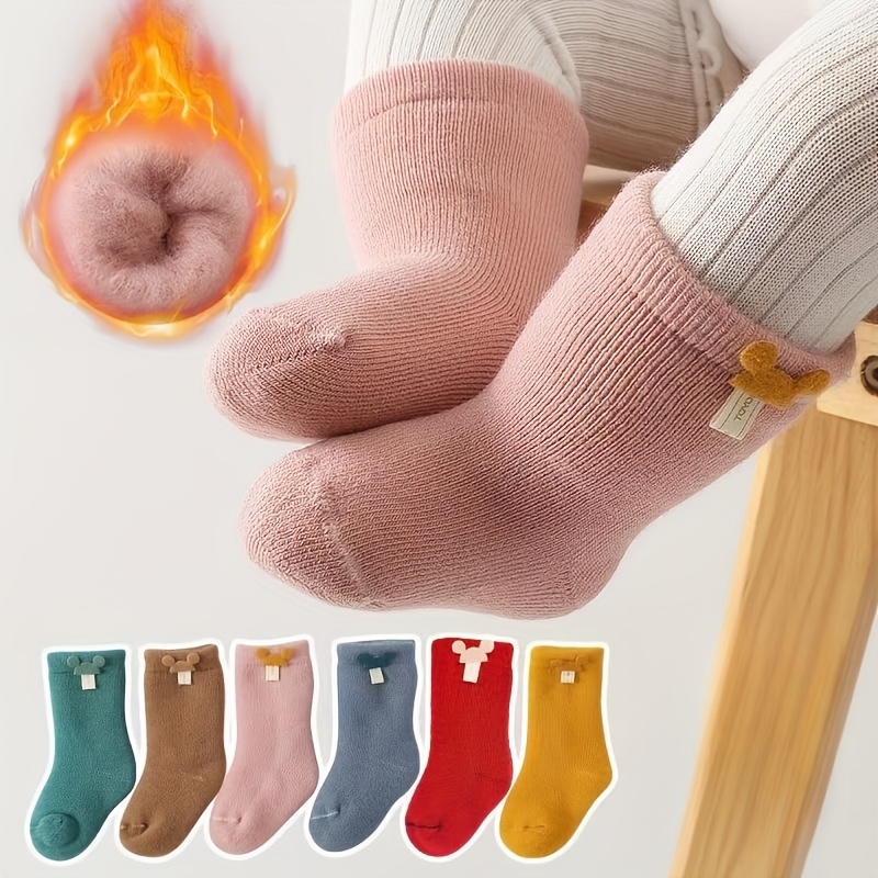 Image of 5 Pairs Of Baby Mid-tube Socks, Thickened And Velvet-lined Autumn And Winter Infant Socks, Cute Cartoon Headdress, Soft And Breathable, 0-3 Year Old Baby Boys And Girls Warm Terry Socks, Floor Socks