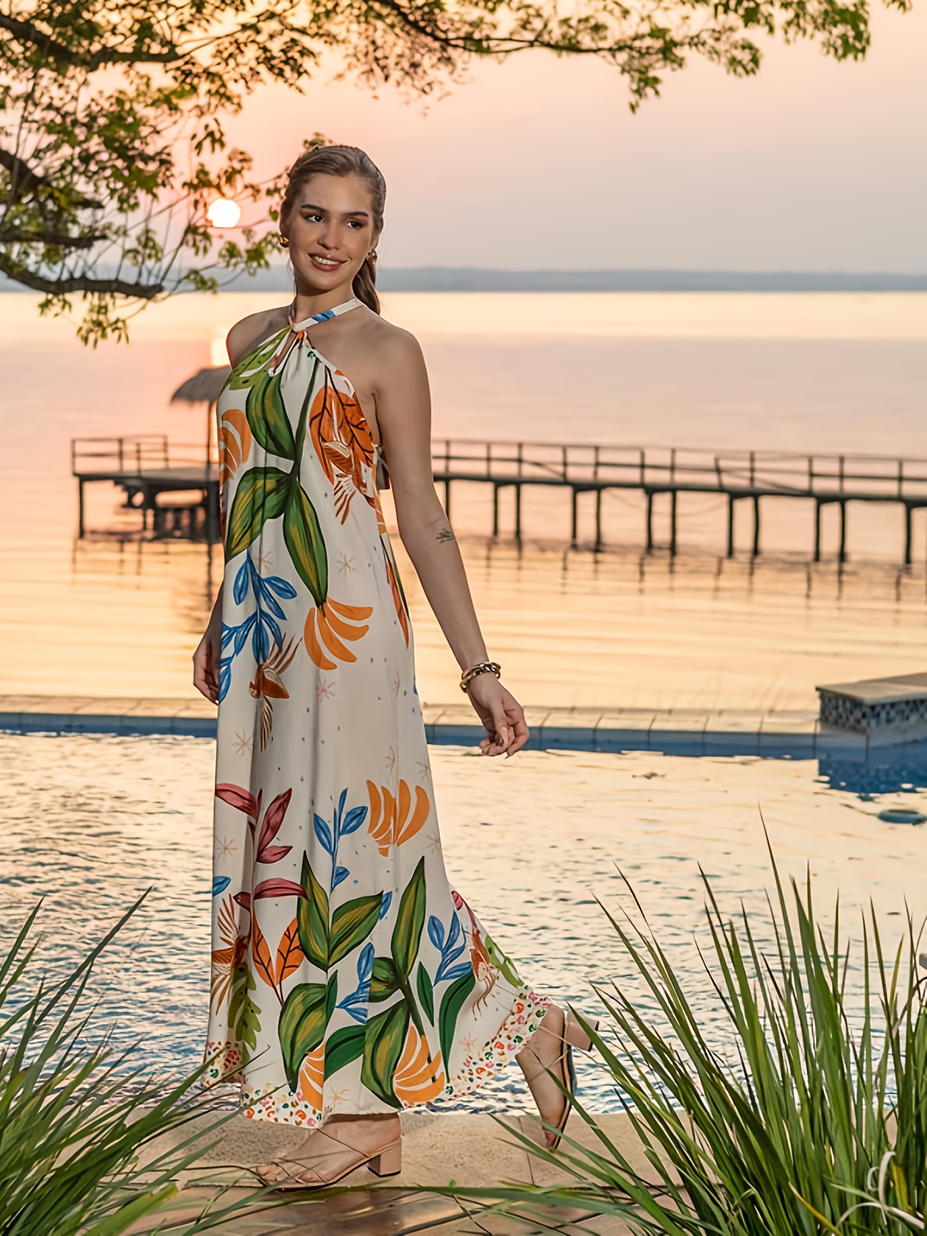 womens elegant shoulder print maxi dress vibrant floral leaf