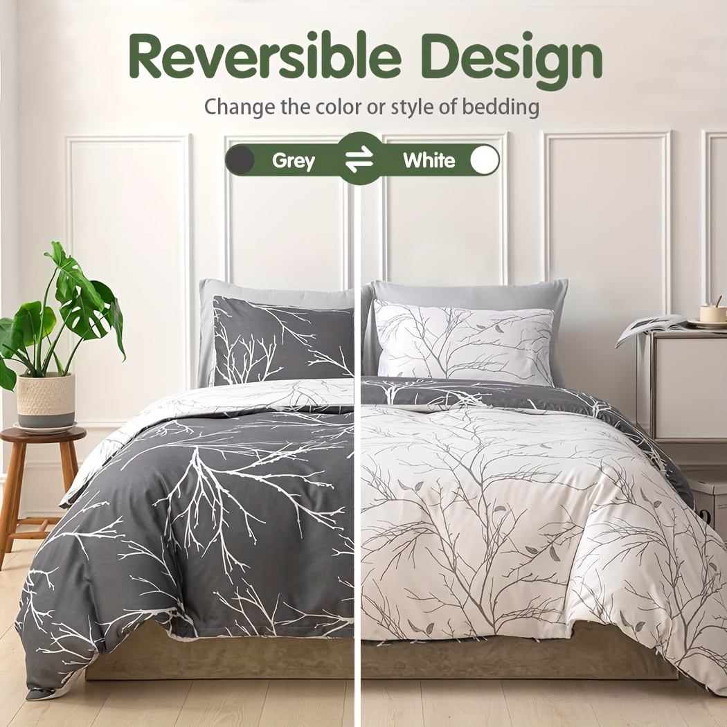 

Bed Linen 200x200 3pcs - Bed Linen Sets With 2 Pillowcases With Zipper 80x80cm - Tree Branch Pattern Microfiber Comforter Cover For Double Beds With Zipper, Dark Grey