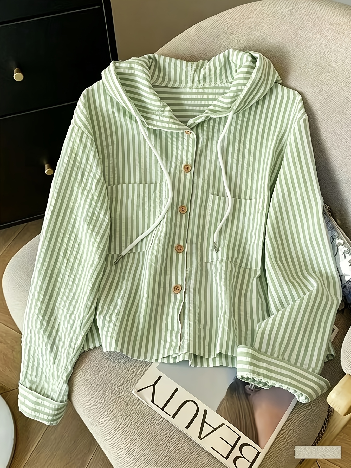 striped hooded shirting relaxed fit with drawstring detail   wear