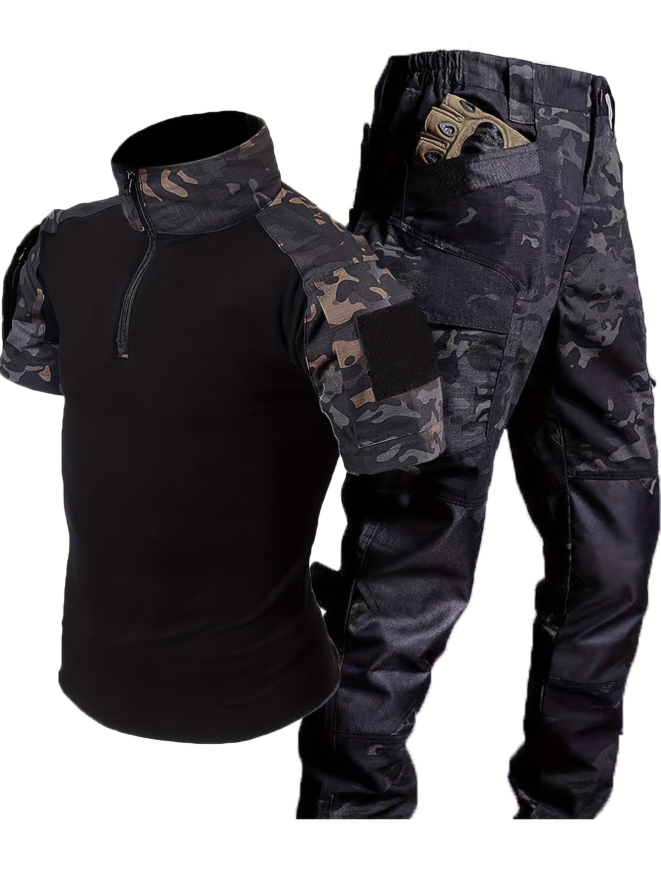 2pcs set of spring and summer mens short sleeved cotton frog suit with multi pocket   pants classic and fashionable comfortable breathable suitable for training outdoor climbing hiking camping training military enthusiasts solid color suit 0