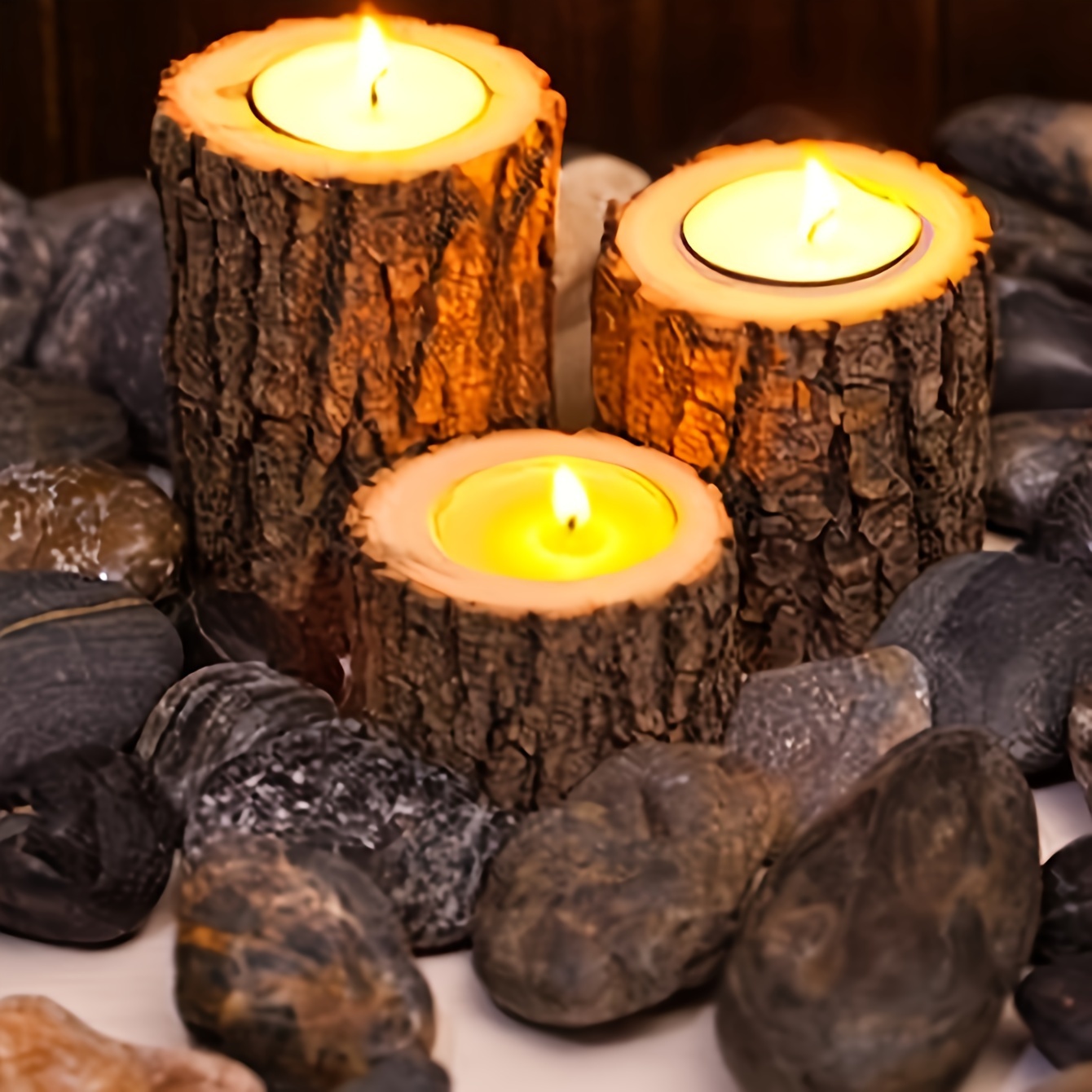 

3pcs Rustic Wooden Candle Holders Set, Artificial Stump Design, Tabletop Decor For Christmas And Halloween, No Power Needed