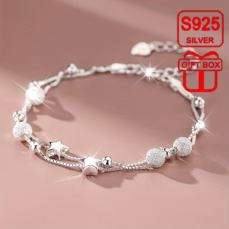 

Elegant & Boho Style, 925 Sterling Silvery Double Layer With Star Design Chain, Fashion Delicate Bracelet For Music Festival & Daily Wear, Idea Gift For Mother's Day, Weight 3.1g