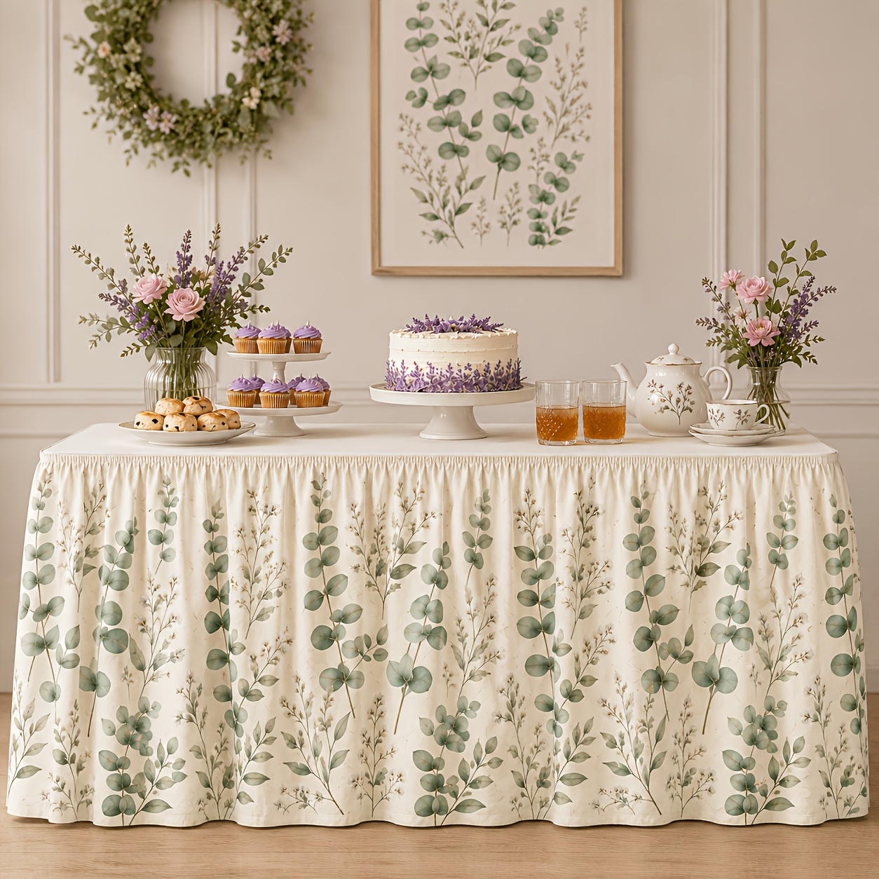 TEMU Party Tablecloth, Table Skirt For Halloween, Christmas, Party Table Skirt, 1pc, Cream Plant Table Skirt, Cream Plant Garden Theme, With