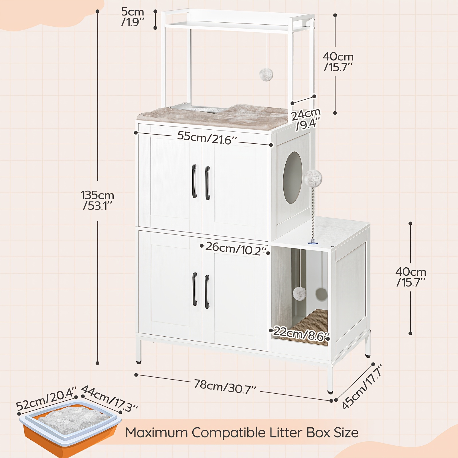 Cat Litter Box Cabinet, 2-in-1 Hidden Cat Litter Furniture With Shelf, Includes 2 Hanging Plush Balls & 1 Toy Ball