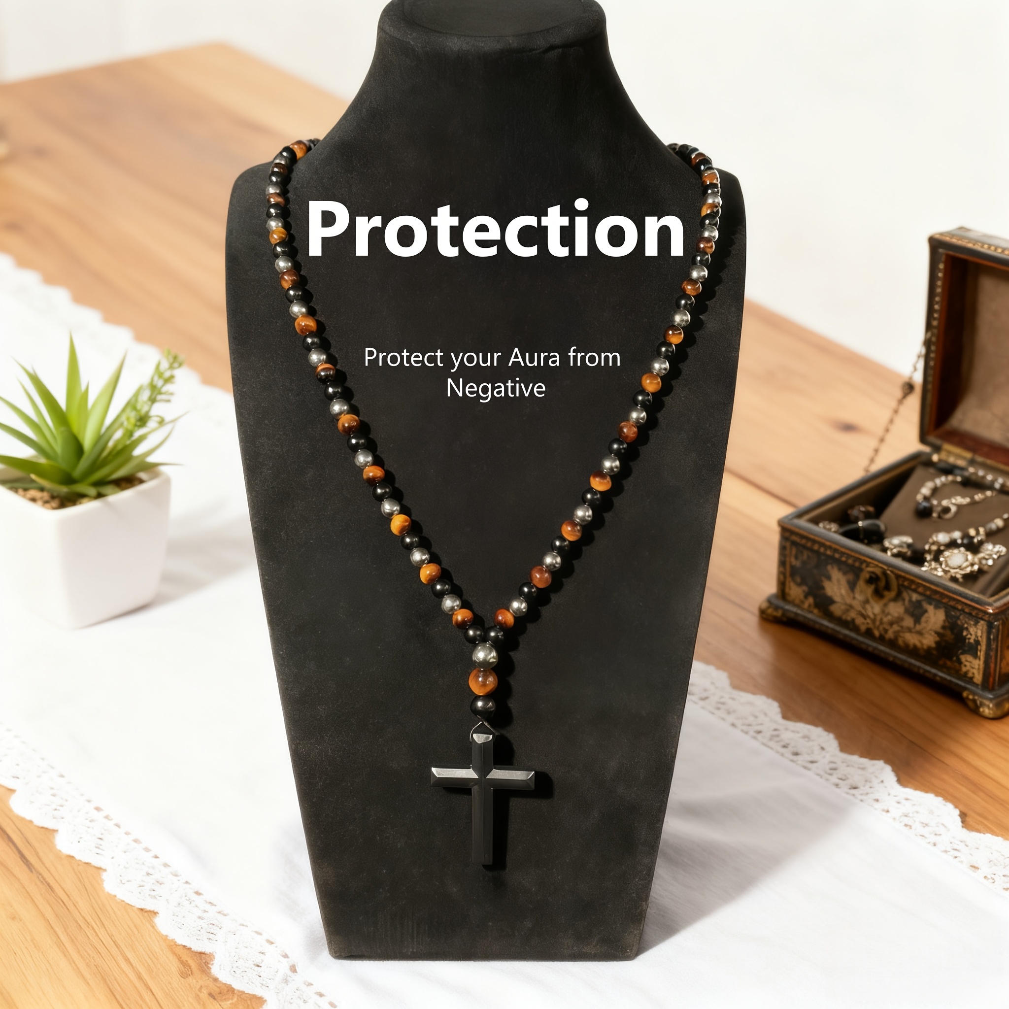 Image of 1pc 108 Natural Stones, Tiger Eye Stone Obsidian Cross Pendant Necklace, , Attracting Wealth And Good Luck, Retro Style Fashionable Outfit, Suitable For Men And Women, An Ideal Gift For