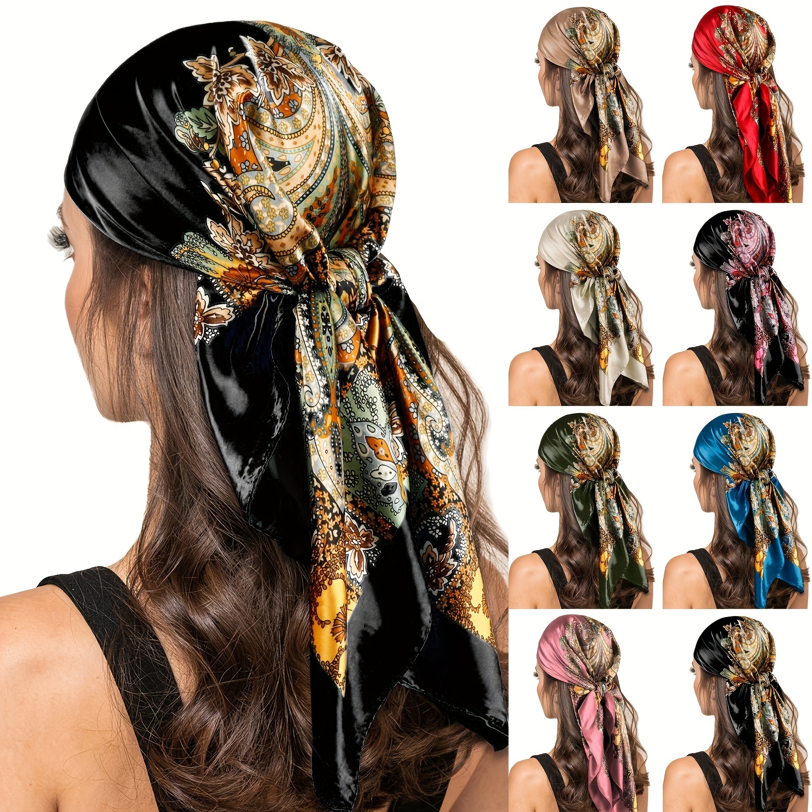 

35.4inch Boho Paisley Square Scarf, Thin Smooth Satin Shawl, Sunscreen Windproof Head Wrap For Women