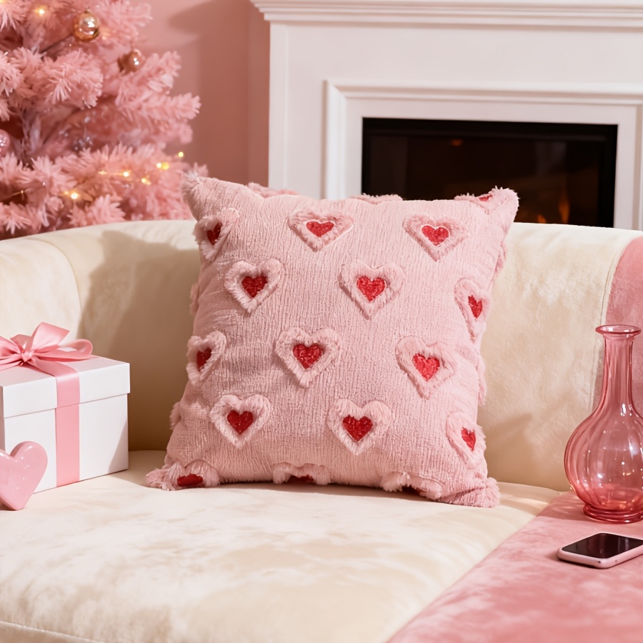 E-shop 1 Stück 3D Herz Stickerei Plüsch Kissenbezug 18x18 Zoll Rosa Süß Niedlich Romantisch Kissenhülle für Valentinstag Hochzeitssaison Jahrestag