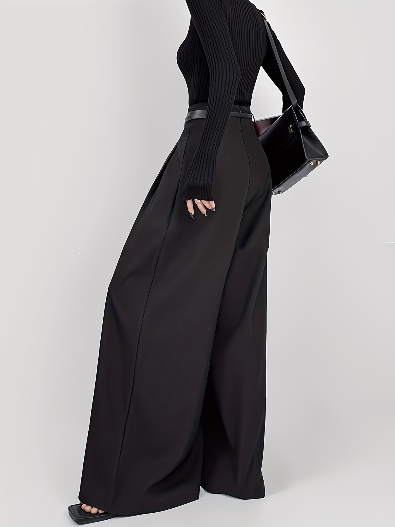 Elegant High-Waisted Culottes with Pockets, Solid Color Wide-Leg Polyester Spandex Blend Pants for Women