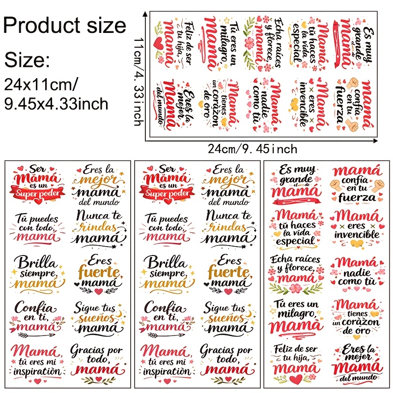 TEMU 4 Hojas/set, Frases Inspiradoras de para de la en Español con Diseño Floral Colorido, Papel Decorativo UV DTF, Impermeable, Resistente a