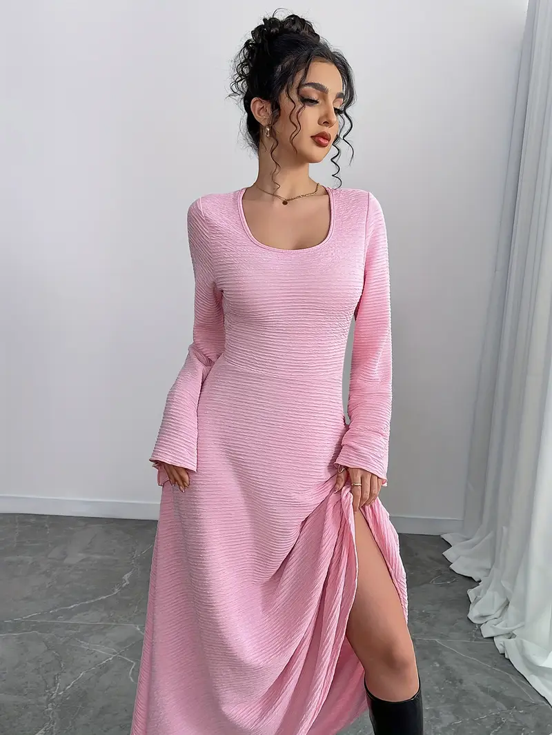 neck flared sleeve ribbed dress a fitted long - Temu Mauritius neck flared sleeve ribbed dress a fitted long - Temu Mauritius