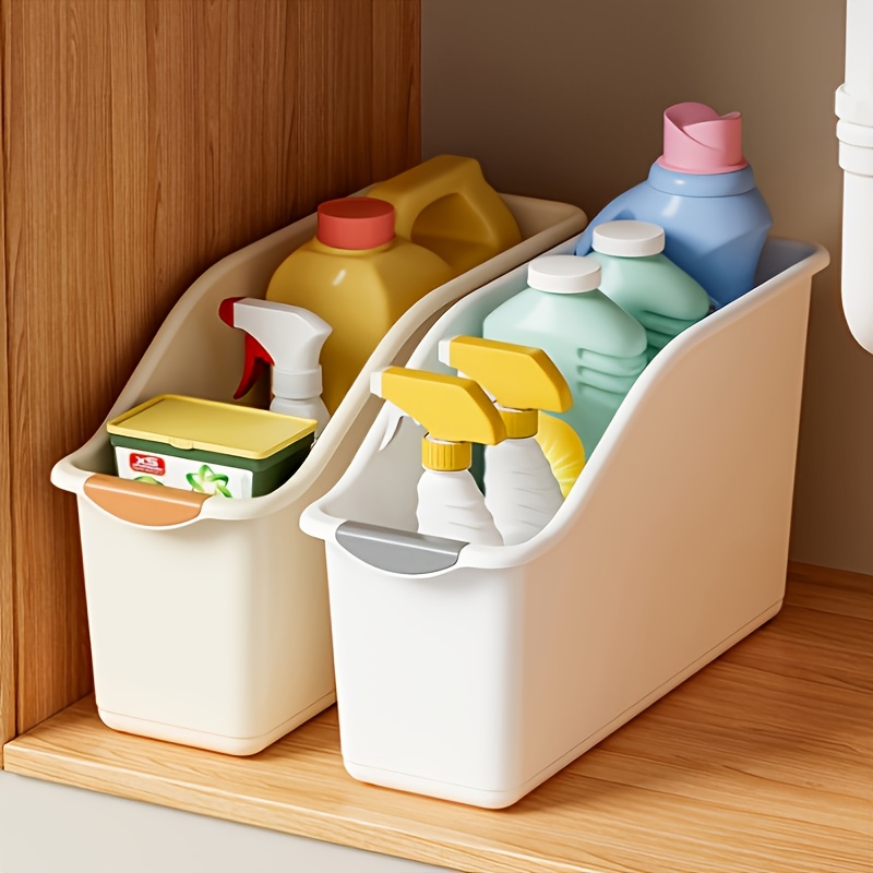 item picture 2pcs Two-Tone Multi-Functional Wheeled Storage Box, Suitable for Cleaning Products and Household Essentials, Storage Bins, Baskets, Home Organization Containers