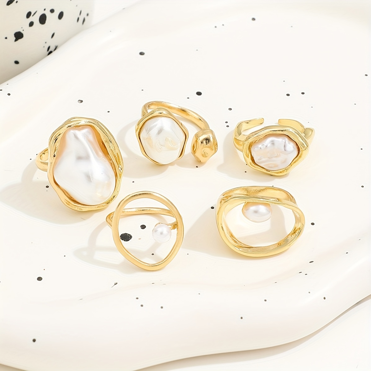 סט 5 יחידות טבעות פנינה מלאכותית מלוטשת בעבודת יד סטייל מסגסוגת: טבעות קסי מתנות מוגזות