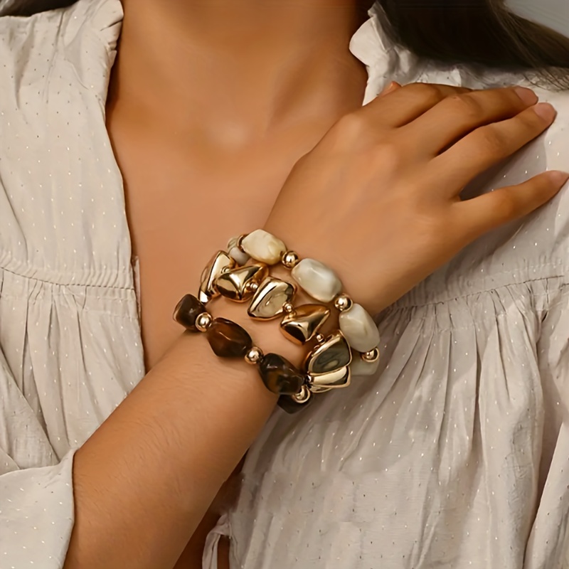 E-shop Set mit 3 Vintage Bohemian Armbändern, dicke, mehrschichtige braune Acryl-Perlenarmbänder, geeignet für Männer und Frauen für Partys und den